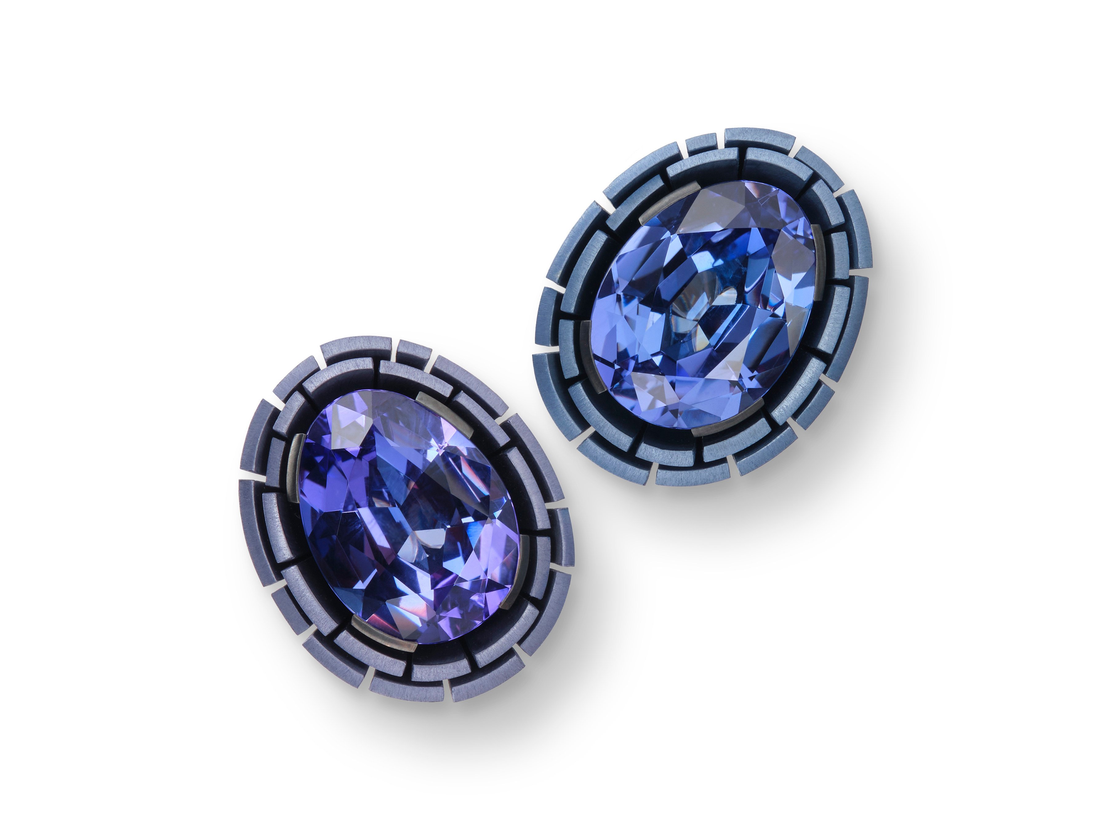 Hemmerle’s tanzanite and anodised aluminium earrings. Photo: Handout