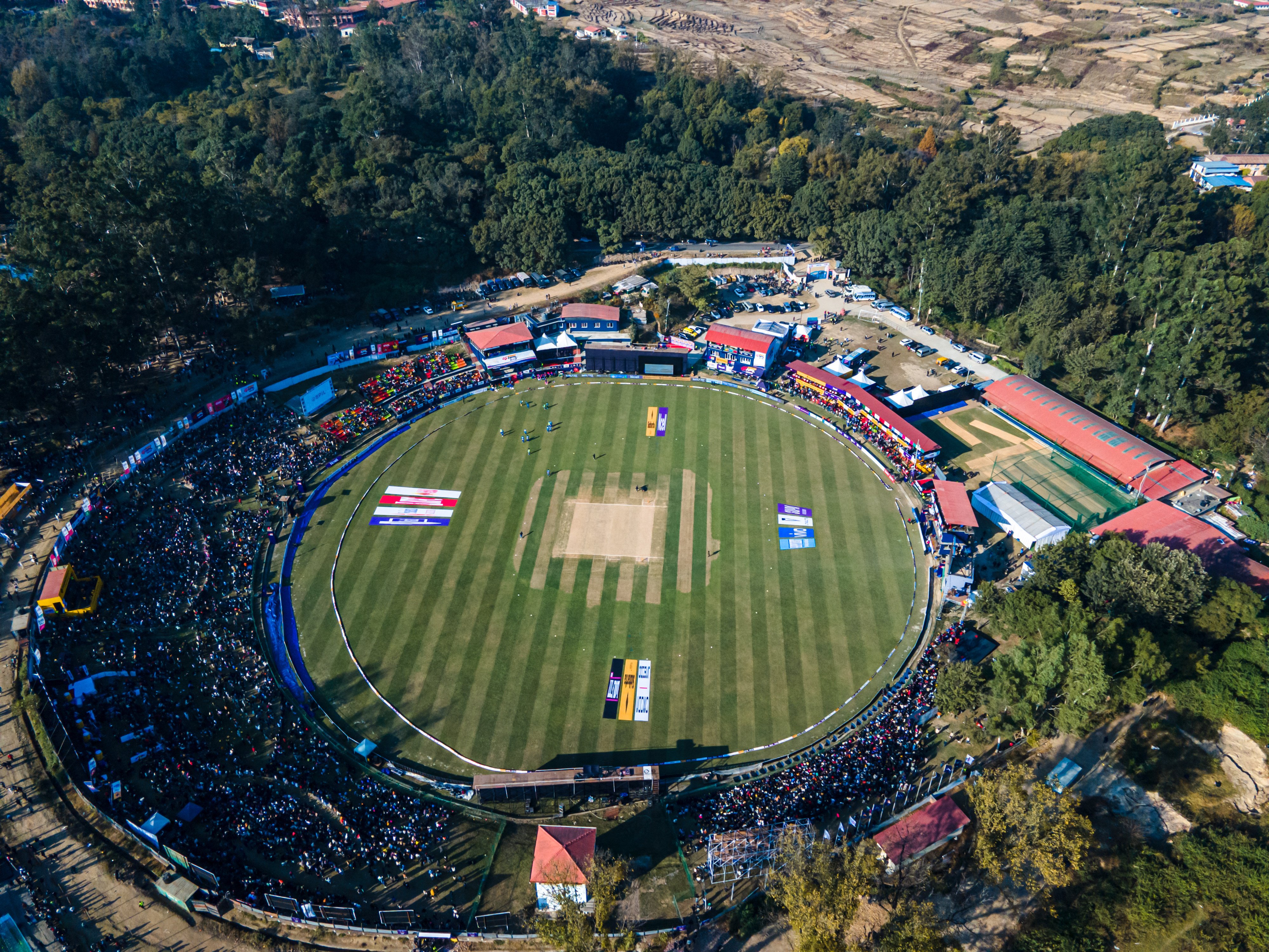 Aerial view of a match in the inaugural Nepal Premier League at the Tribhuvan University cricket ground last December. Photo: Getty Images