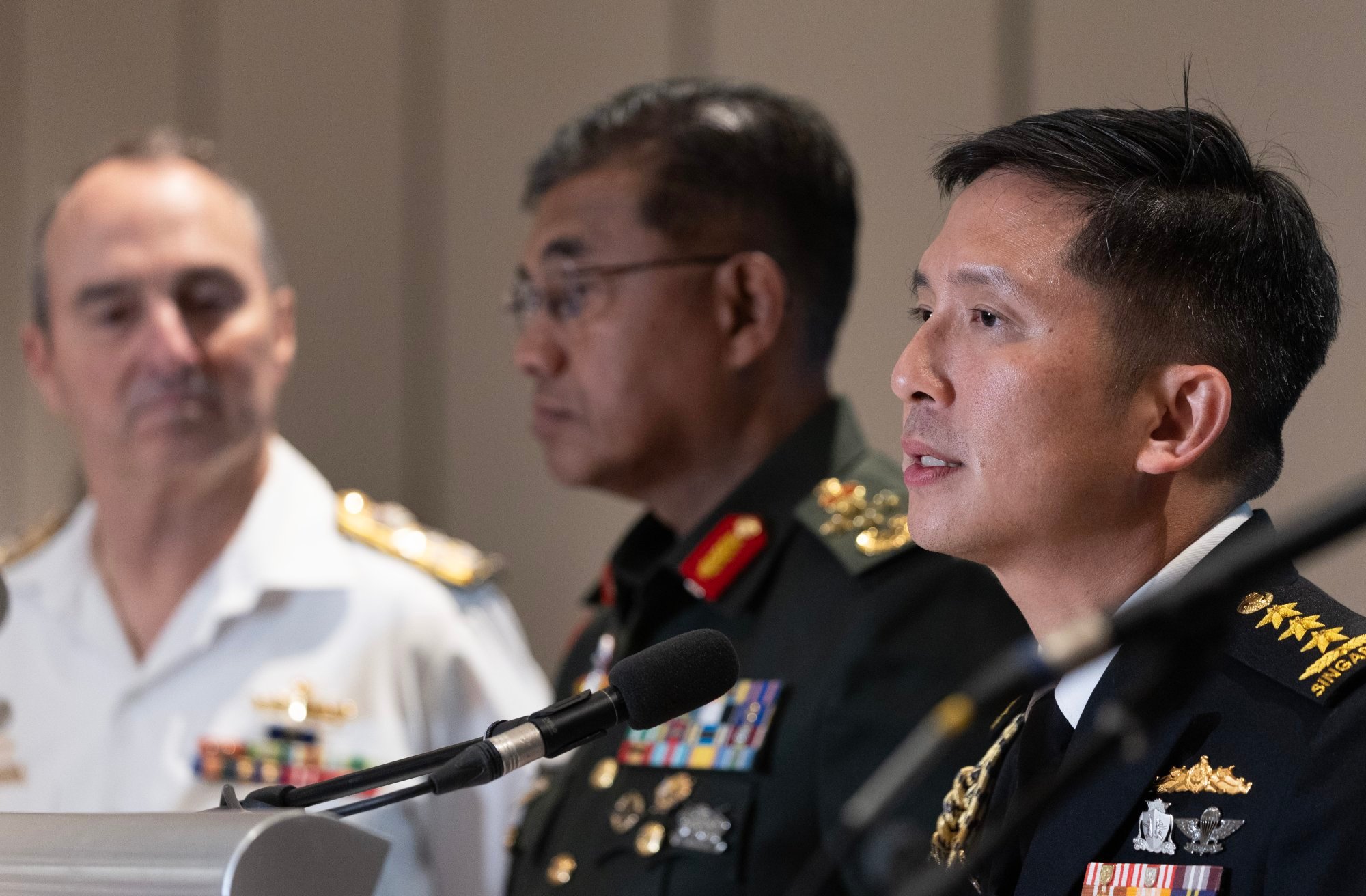 Chief of Defence Force of Singapore Vice-Admiral Aaron Beng (right) speaks during the 23rd Five Power Defence Arrangements Defence Chiefs’ Conference in Singapore on Thursday. Photo: EPA-EFE Chief of Defence Force of Singapore Vice-Admiral Aaron Beng (right) speaks during the 23rd Five Power Defence Arrangements Defence Chiefs’ Conference in Singapore on Thursday. Photo: EPA-EFE
