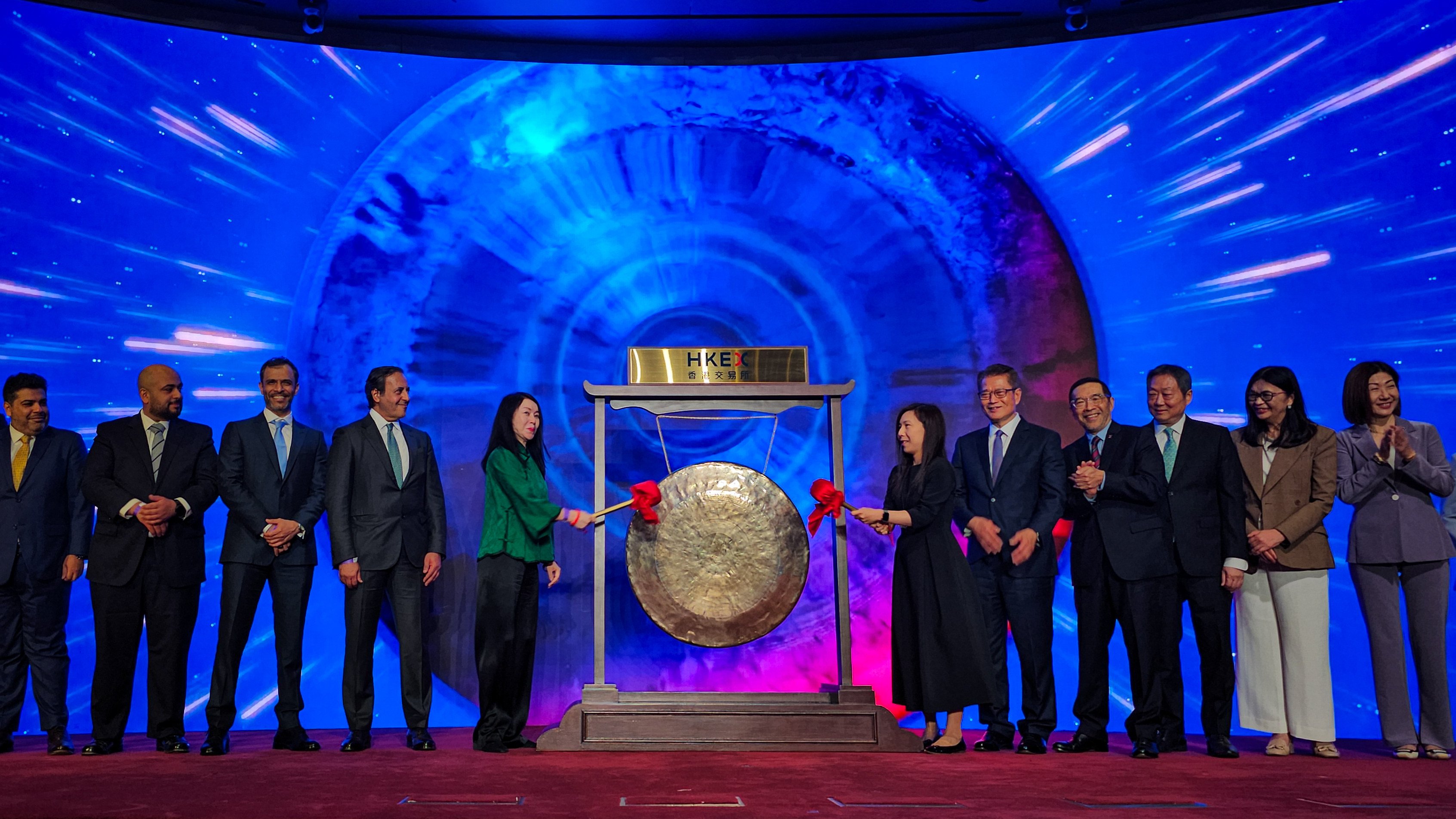 Gong-striking ceremony to mark the debut of Premia BOCHK Saudi Arabia Government Sukuk ETF in Hong Kong on May 29. Photo: Enoch Yiu