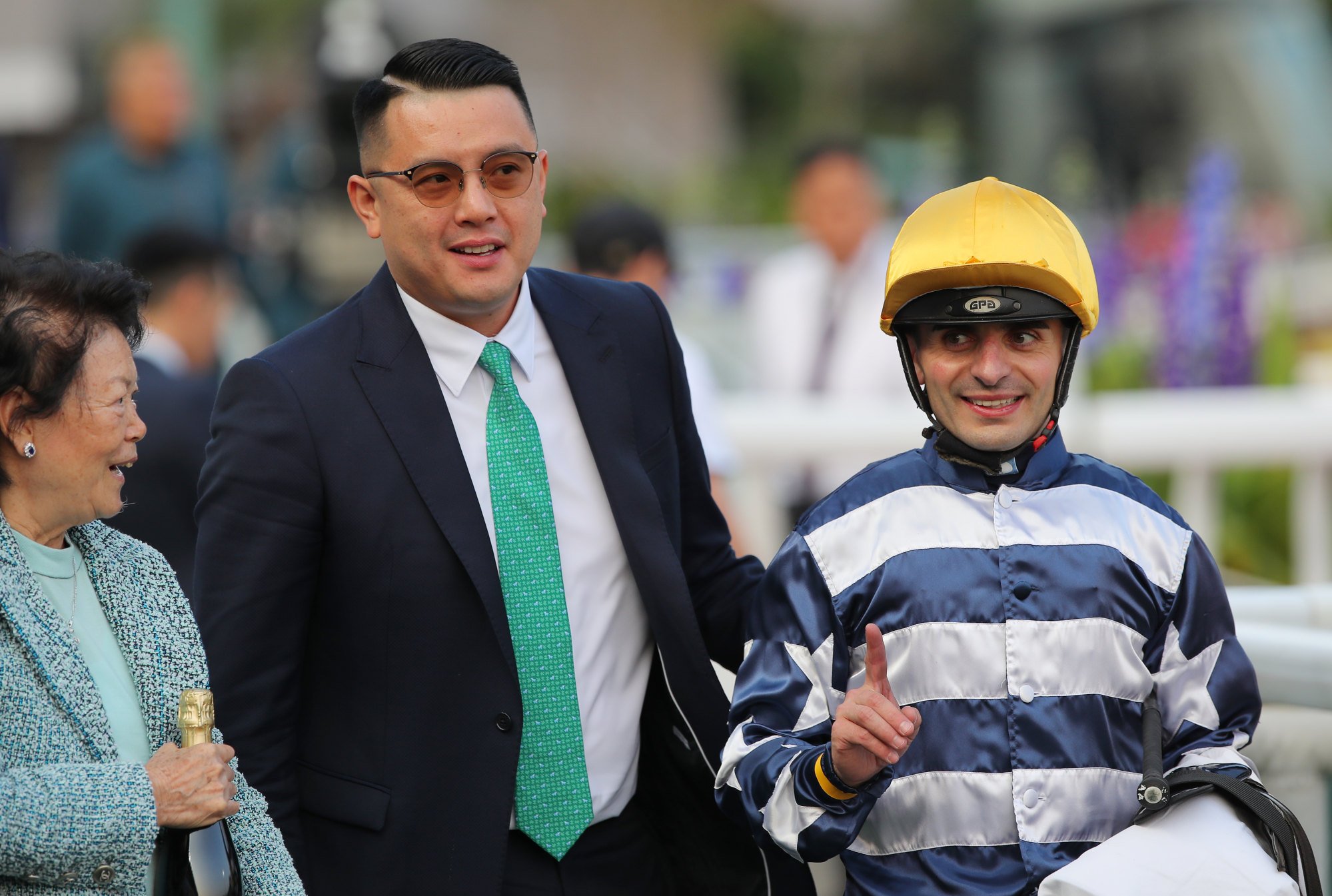 Trainer Pierre Ng and jockey Andrea Atzeni celebrate Packing Turbine’s win in March. Trainer Pierre Ng and jockey Andrea Atzeni celebrate Packing Turbine’s win in March.
