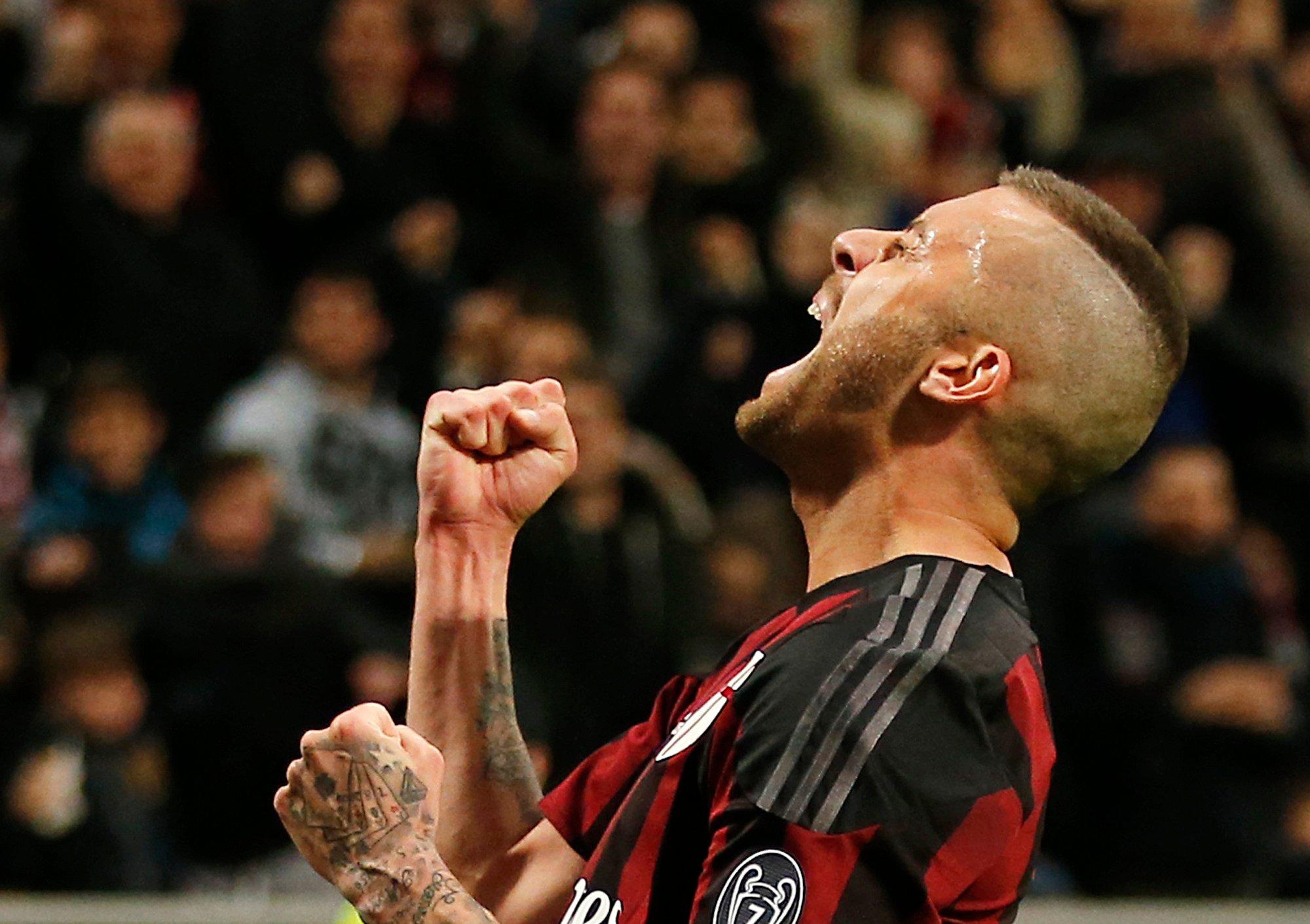Jeremy Menez celebrates after scoring for AC Milan during their 2016 Italian Cup semi-final second leg victory over Alessandria. Photo: AP