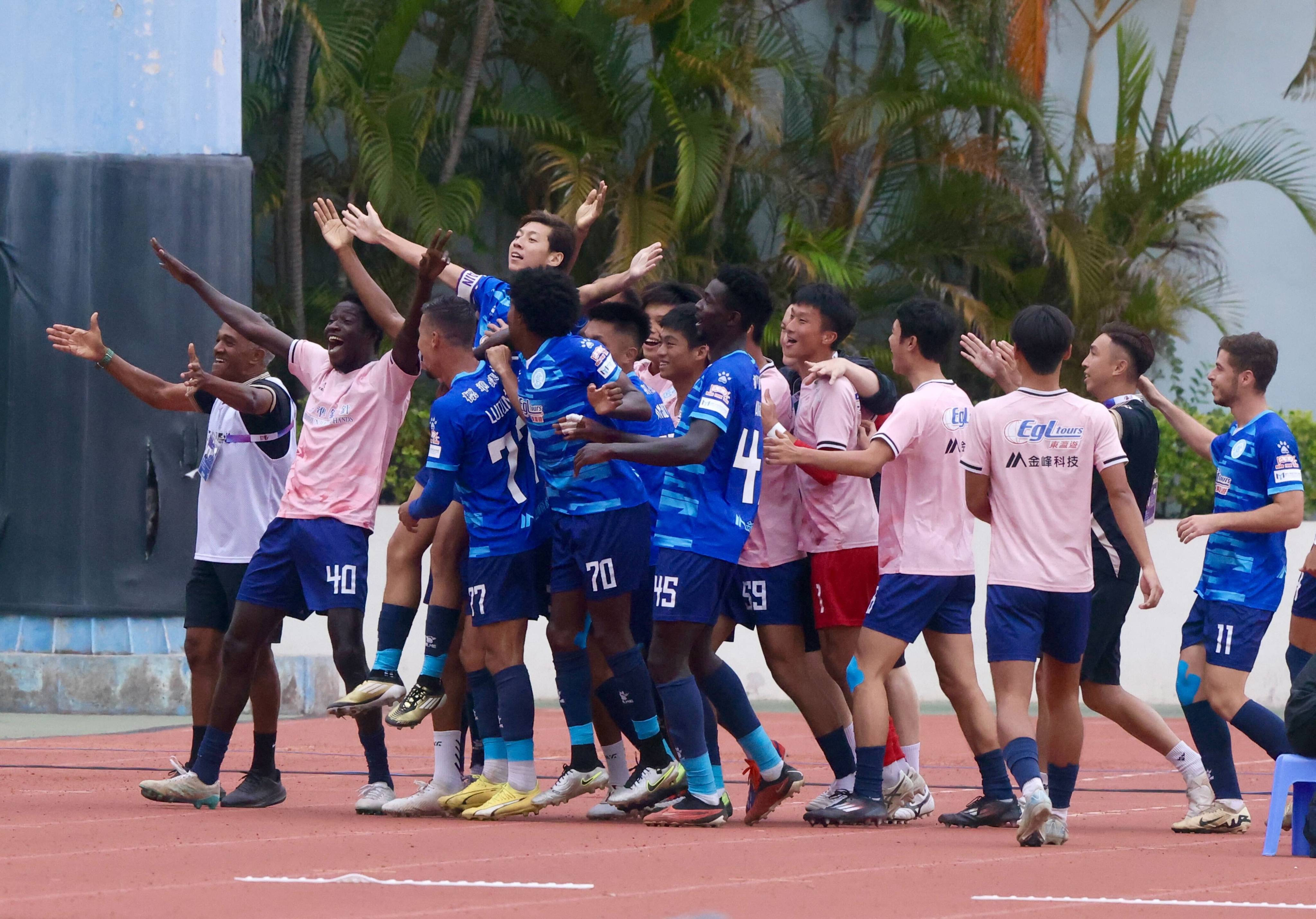 Rangers celebrate a goal in their win over Lee Man last Sunday. Photo: Jonathan Wong