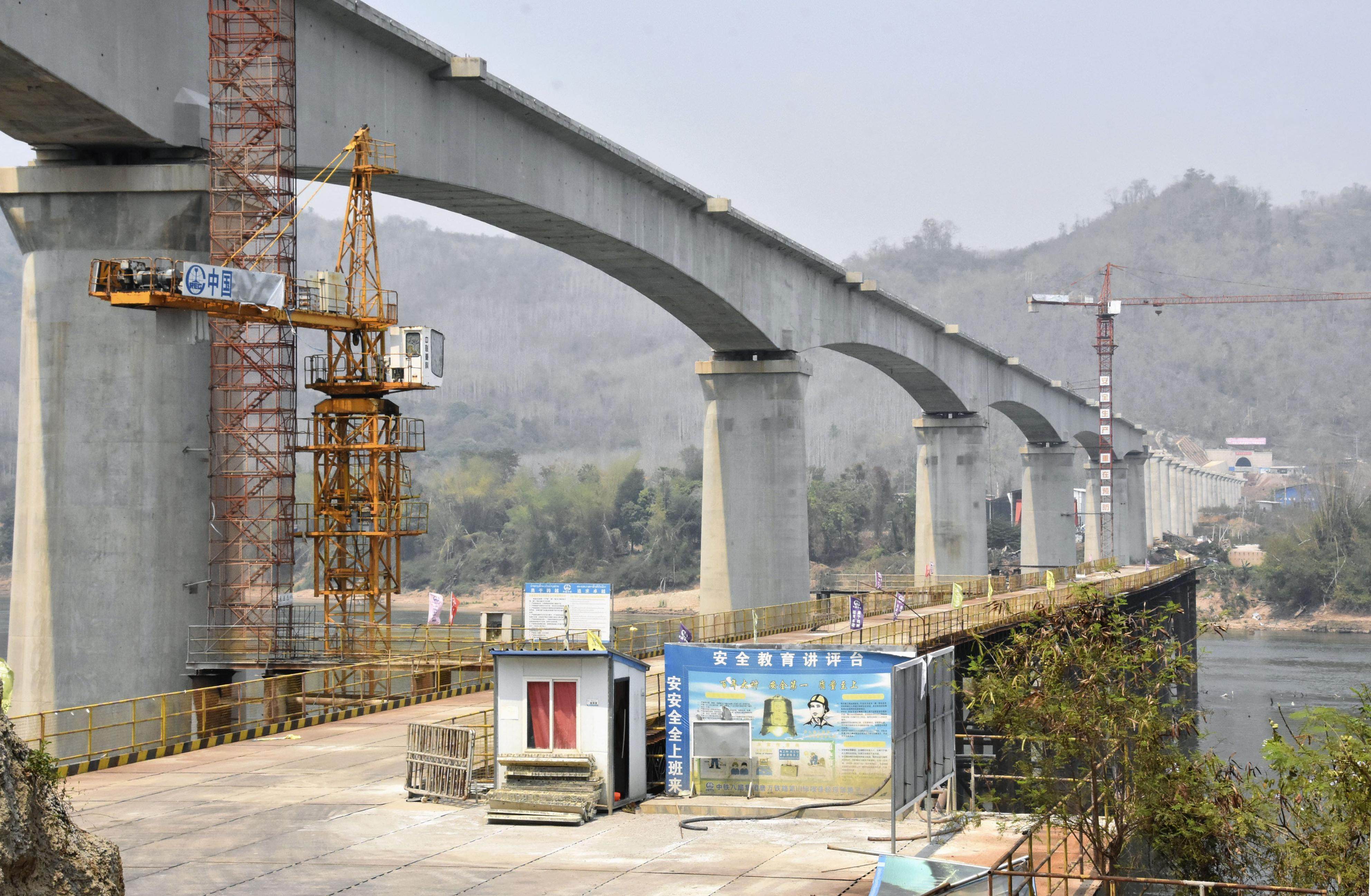 A railway bridge under construction over the Mekong River in Laos. Photo: Kyodo