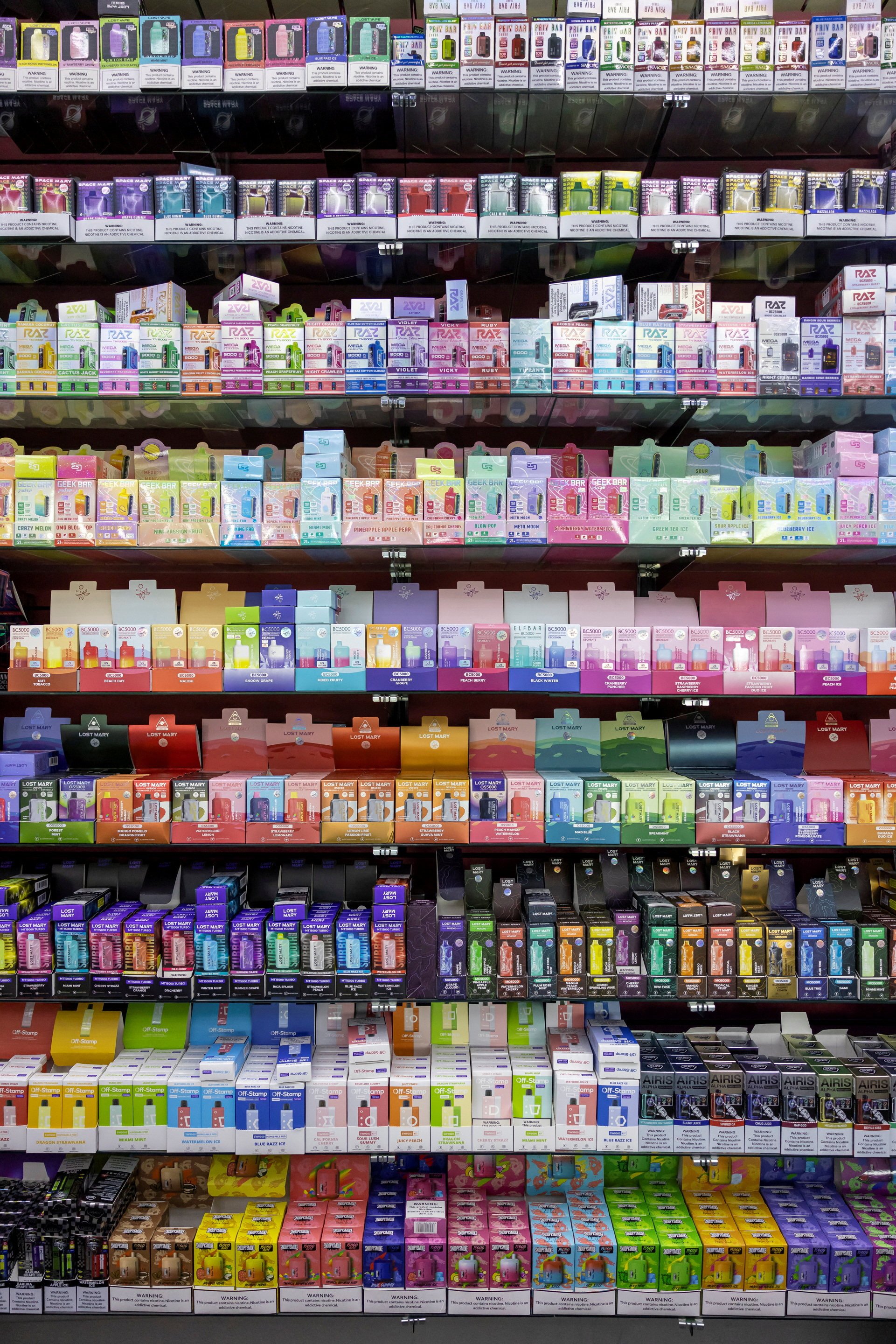 Vapes and nicotine products line the shelves at Sultans’ Smoke in Arvada, Colorado, US, in May 2024. Photo: Reuters