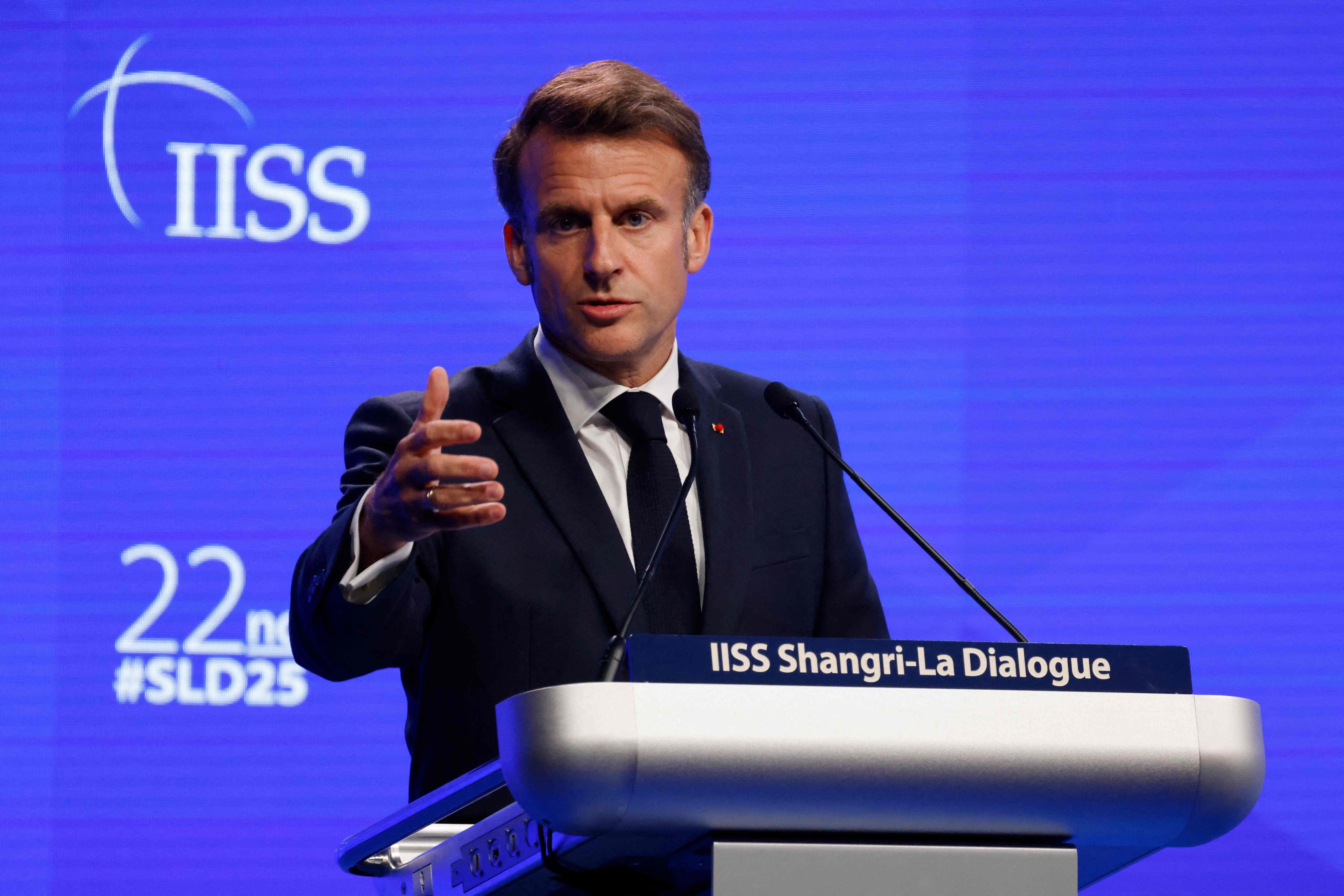 France’s President Emmanuel Macron gives the keynote address at the Shangri-La Dialogue in Singapore on Friday. Photo: AFP