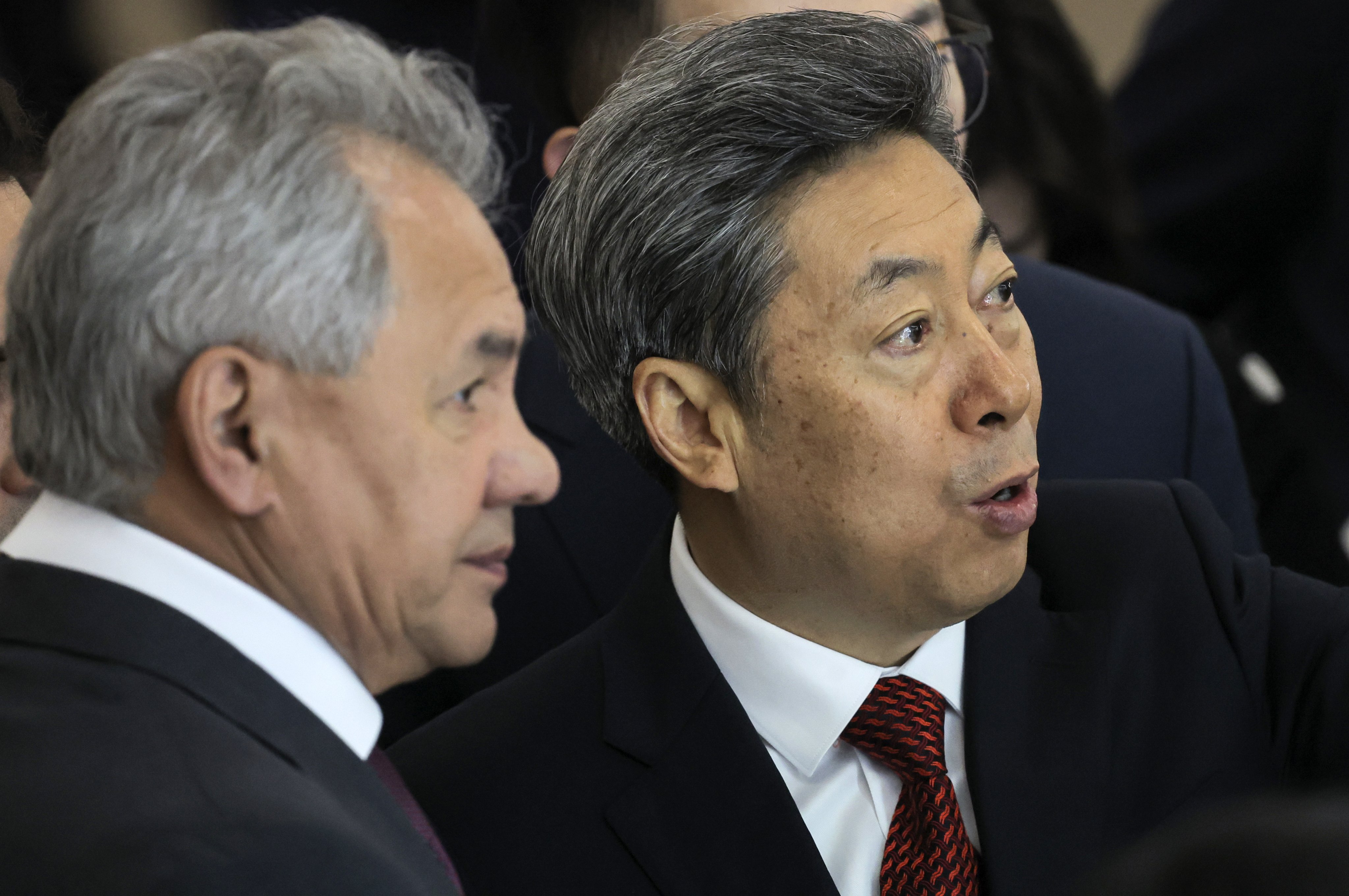Russian Security Council Secretary Sergei Shoigu (left) and China’s top security official Chen Wenqing at the Russia National Centre in Moscow on Tuesday. Photo: EPA