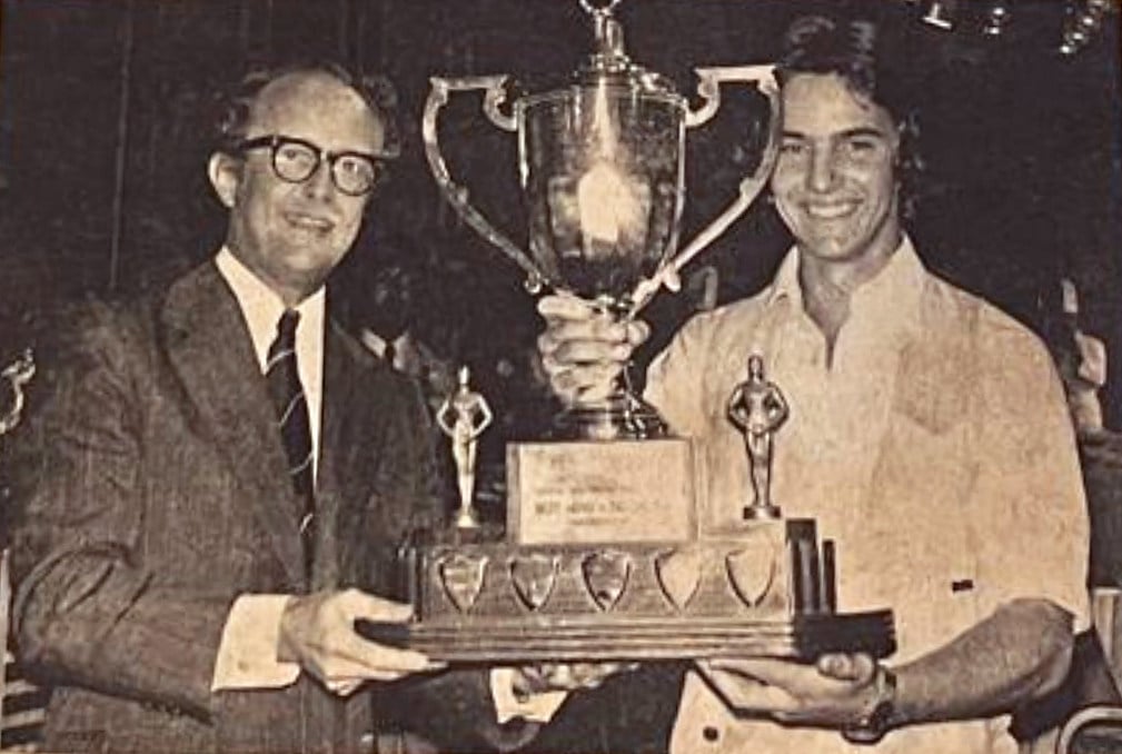 Paul Tarrant (right) with his trophy at the Hong Kong International Karting Prix in 1974. Photo: Handout