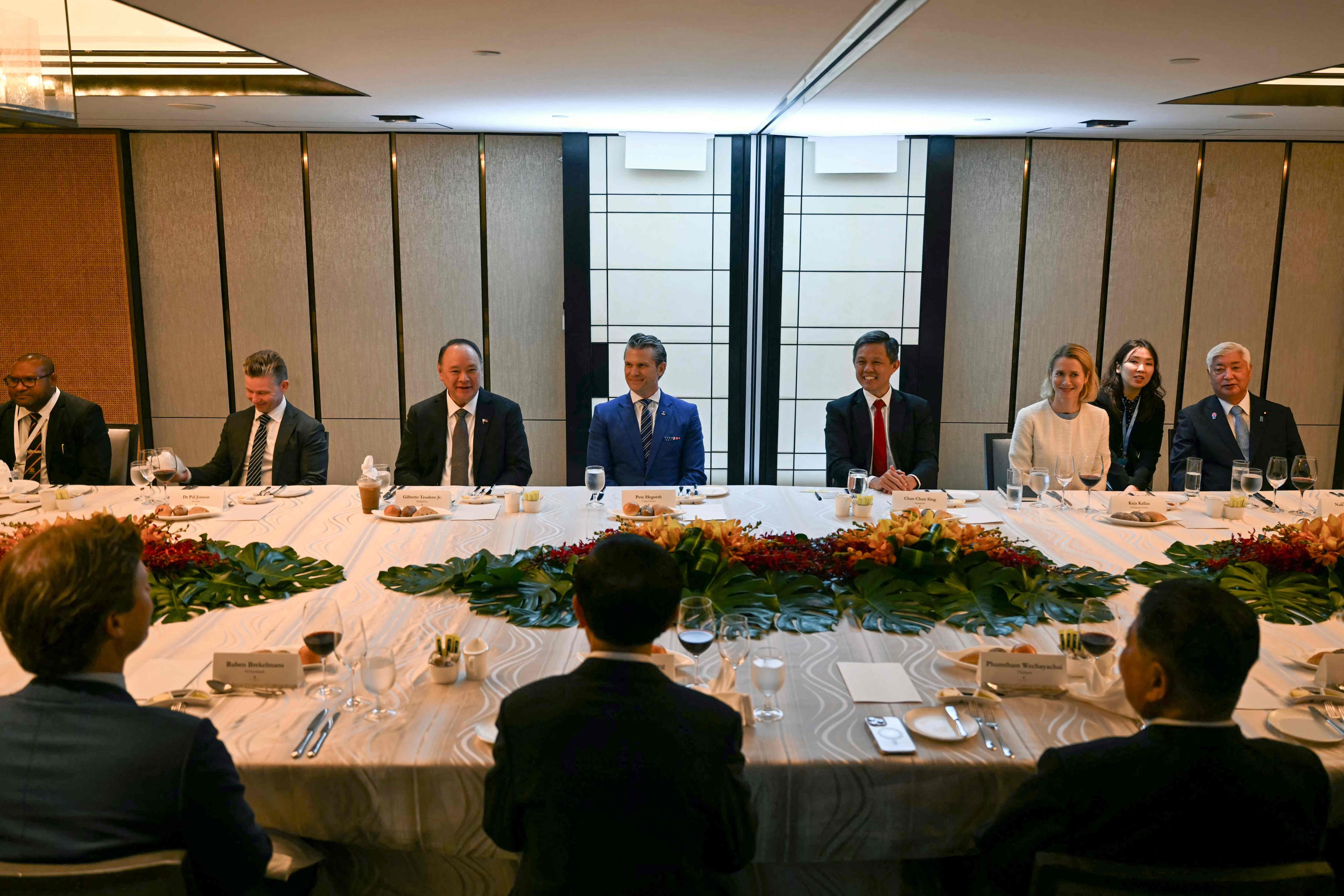 Singapore’s Defence Minister Chan Chun Sing (centre right) and other defence chiefs take part in a ministerial roundtable during the Shangri-La Dialogue on Saturday. Photo: AFP