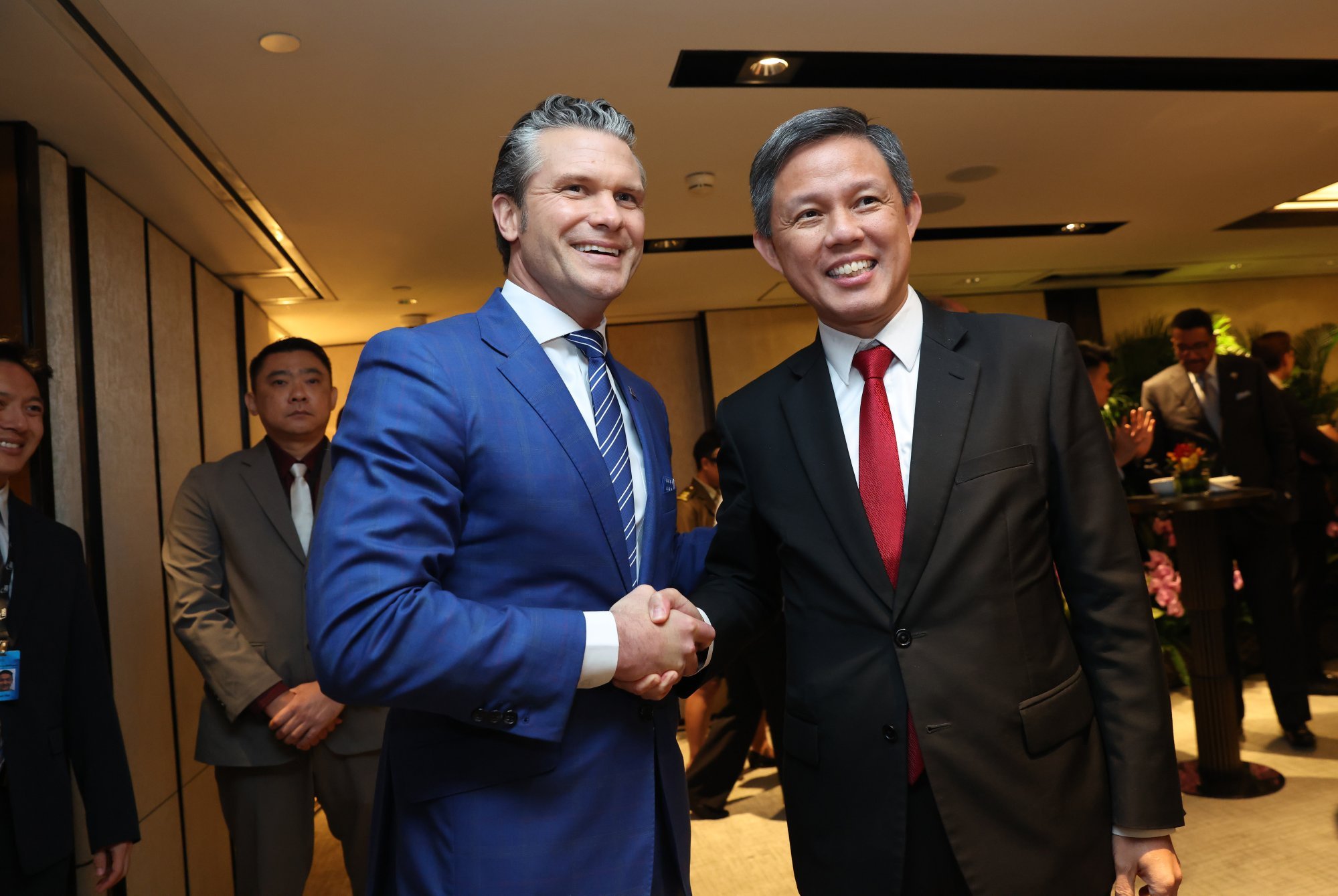 US Defence Secretary Pete Hegseth (left) and Singapore’s Minister for Defence Chan Chun Sing shake hands before a ministerial roundtable during the Shangri-la Dialogue in Singapore on Saturday. Photo: EPA-EFE US Defence Secretary Pete Hegseth (left) and Singapore’s Minister for Defence Chan Chun Sing shake hands before a ministerial roundtable during the Shangri-la Dialogue in Singapore on Saturday. Photo: EPA-EFE
