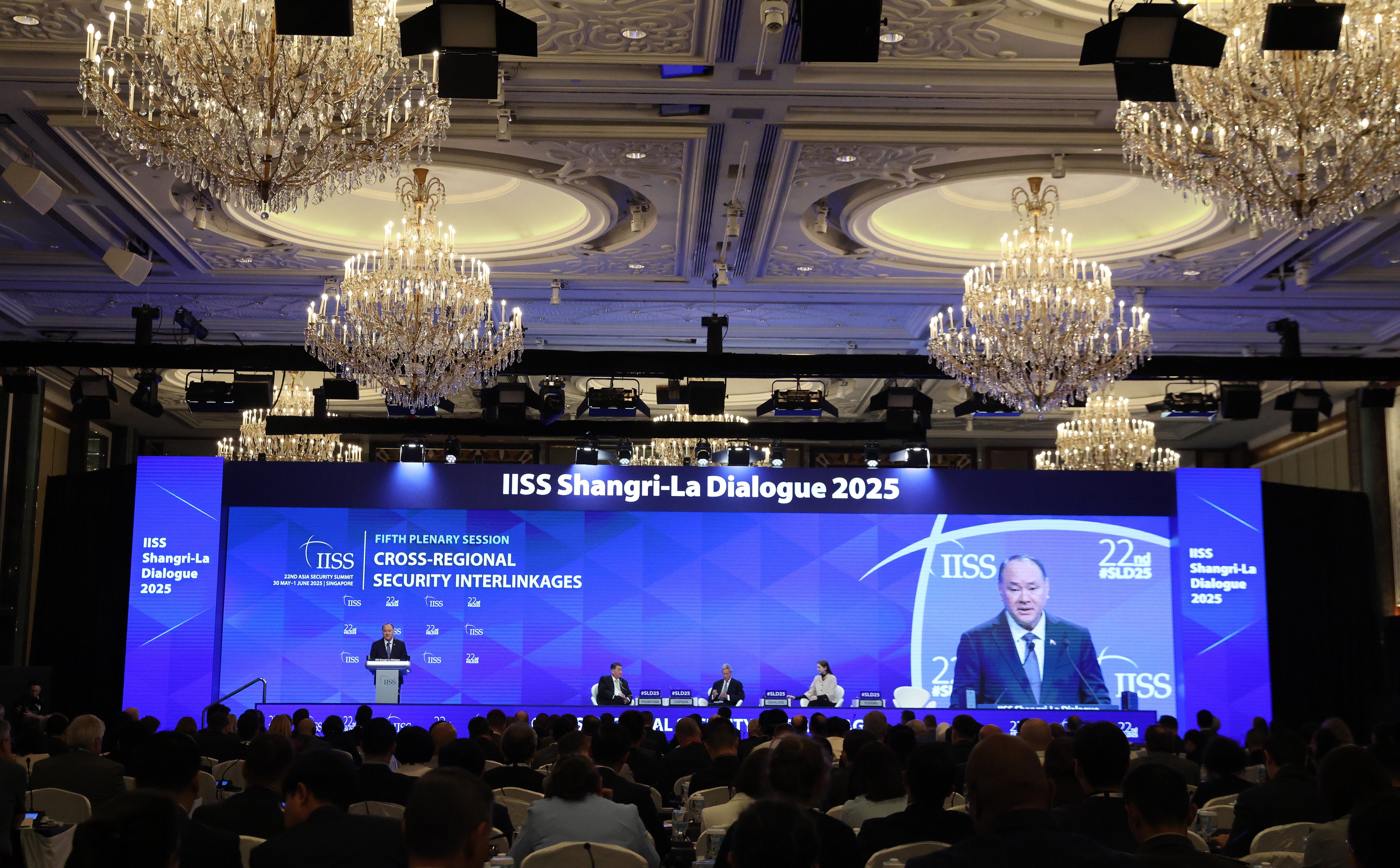 Philippine Defence Secretary Gilberto Teodoro Jnr delivers his speech at the Shangri-la Dialogue Defence Summit, in Singapore on Sunday. Photo: EPA-EFE