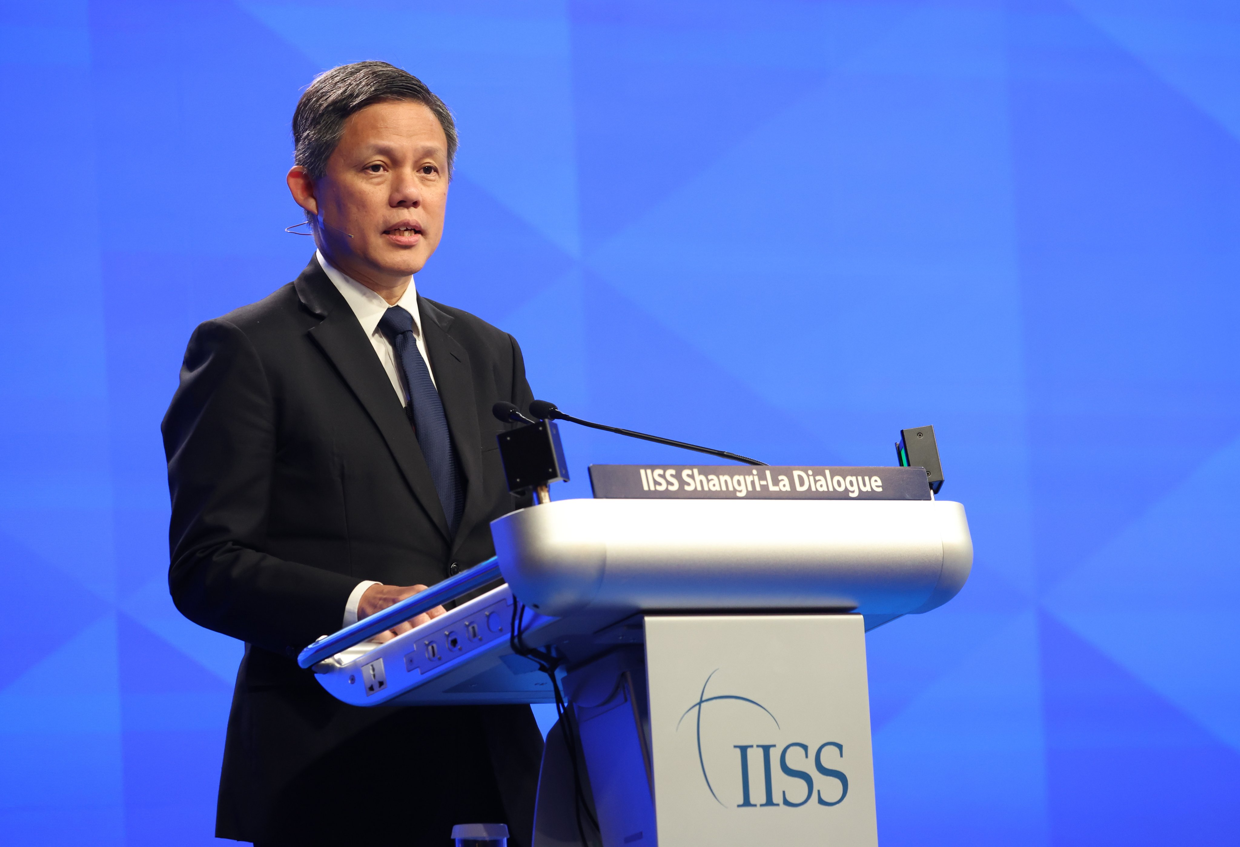 Singapore’s Defence Minister Chan Chun Sing delivers his speech at the Shangri-La Dialogue in the city state on Sunday. Photo: EPA-EFE