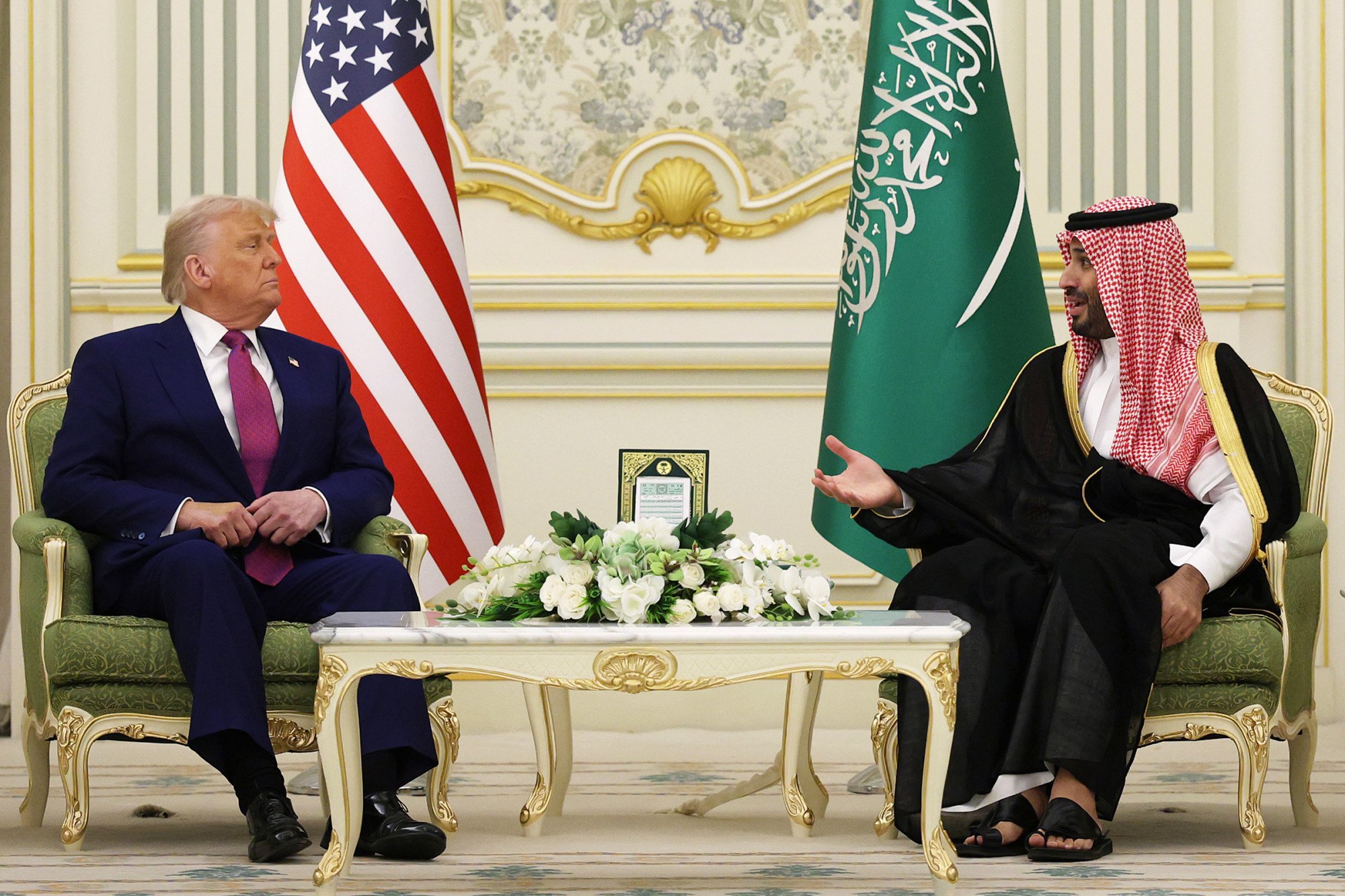 US President Donald Trump and Saudi Crown Prince Mohammed bin Salman chat at the Saudi Royal Court in Riyadh, Saudi Arabia, on May 13. Photo: Getty Images/TNS US President Donald Trump and Saudi Crown Prince Mohammed bin Salman chat at the Saudi Royal Court in Riyadh, Saudi Arabia, on May 13. Photo: Getty Images/TNS