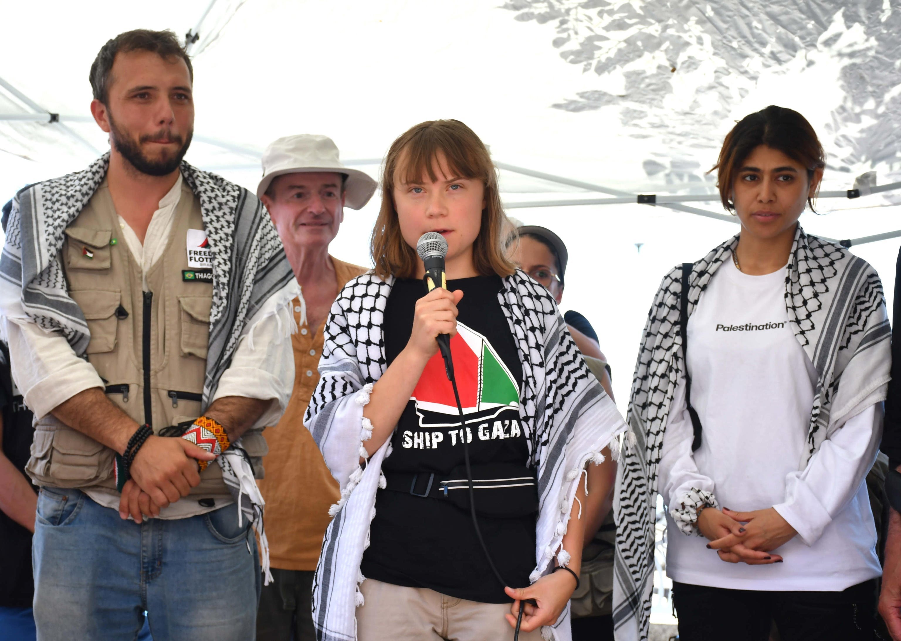 Swedish climate activist Greta Thunberg during a press conference with the crew of the Madleen. Photo: EPA-EFE