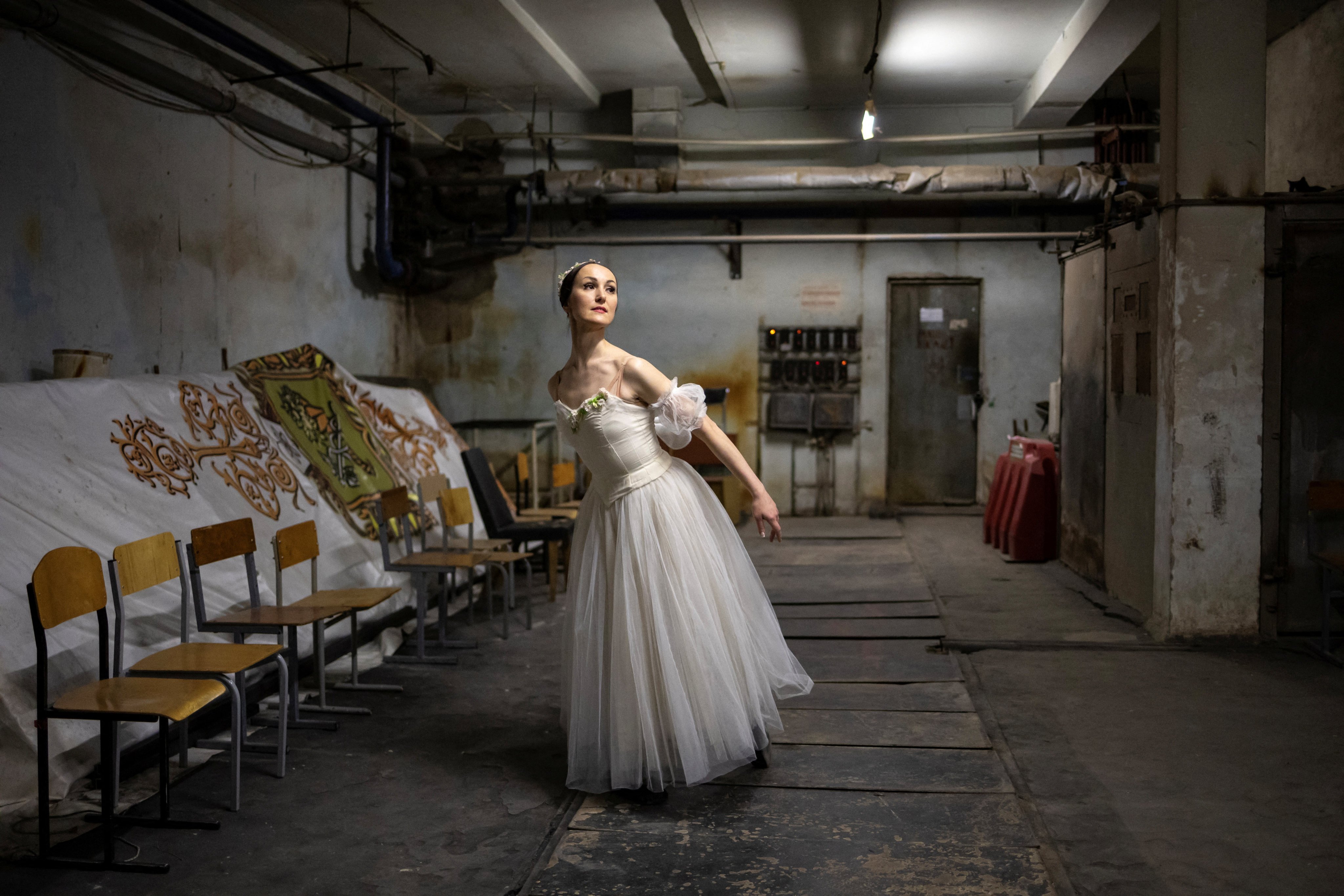 Ballerina Olena Shliahina, 38, poses for a picture after practising for the revival of Chopiniana, the first full performance of a classical ballet in the city of Kharkiv since Russia’s full-scale invasion of Ukraine in 2022, in the underground area of Kharkiv’s National Academic Opera and Ballet Theatre, on April 27, 2025. Photo: Reuters