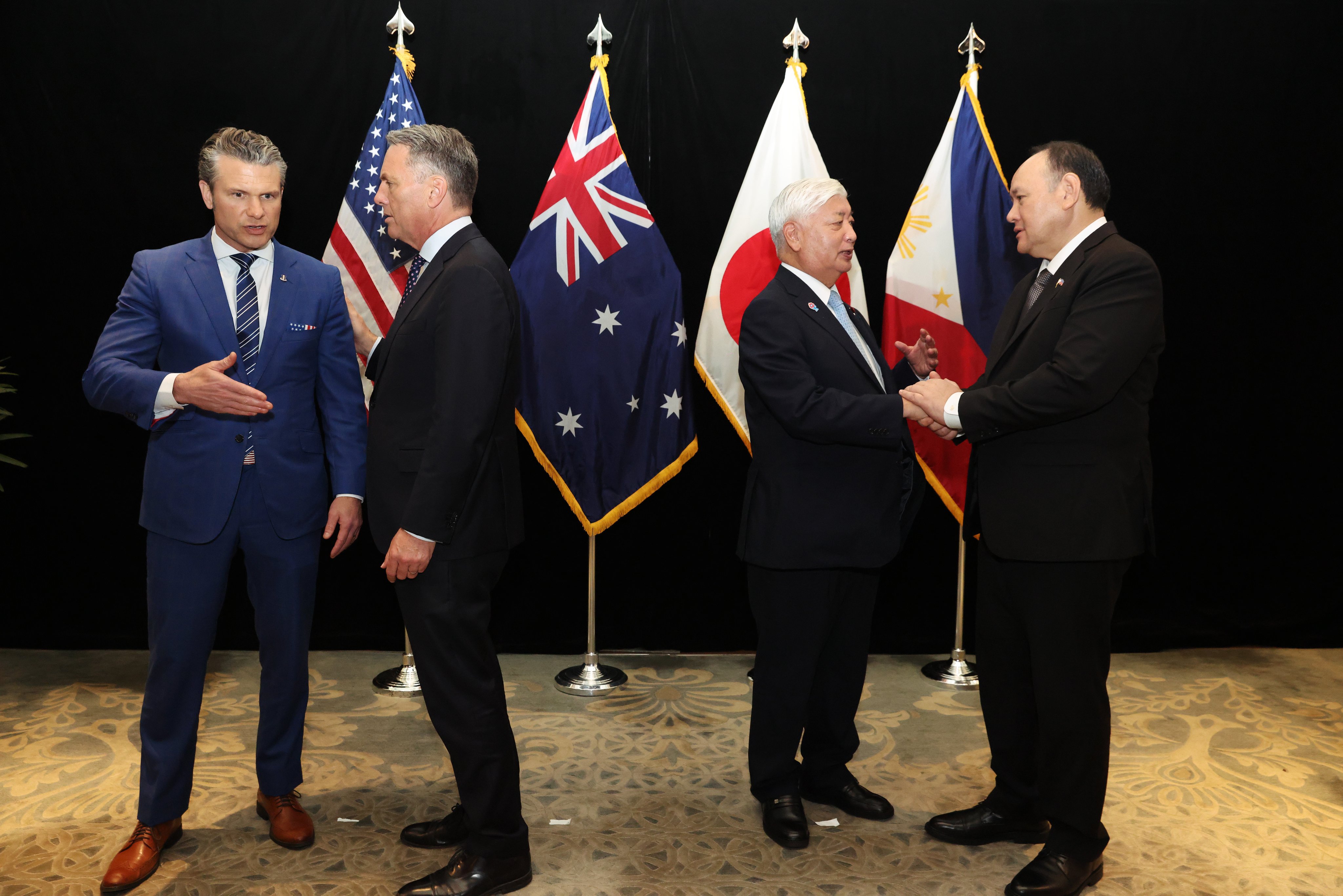US Defence Secretary Pete Hegseth (left) and Australia’s Defence Minister Richard Marles, on the sidelines of the Shangri-La Dialogue defence summit in Singapore on Saturday. Photo: EPA-EFE