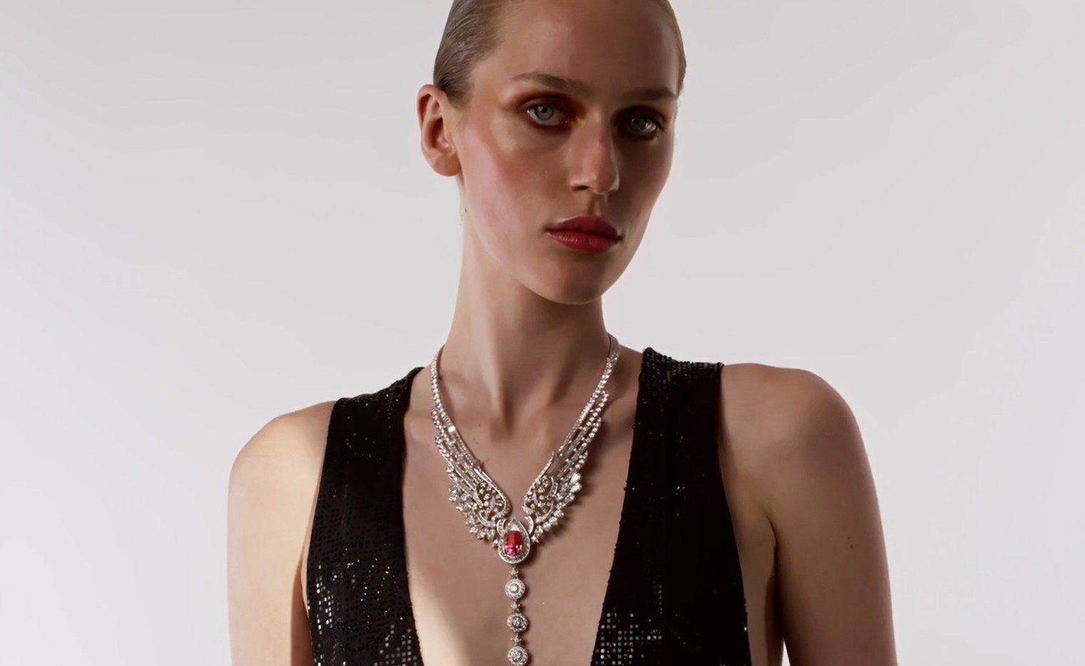 The Wings of Chanel necklace is made of white gold, platinum and natural polished diamonds, and features a statement Padparadscha sapphire. Photo: Handout