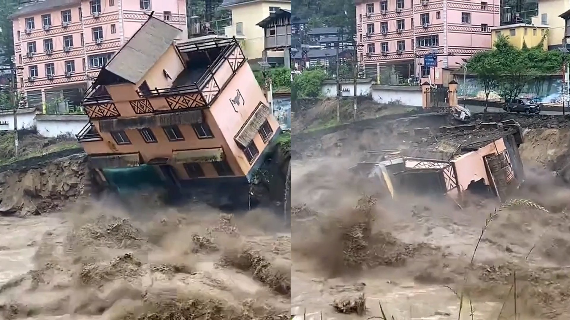 Riverside houses collapse after heavy rainfall hits southwestern China