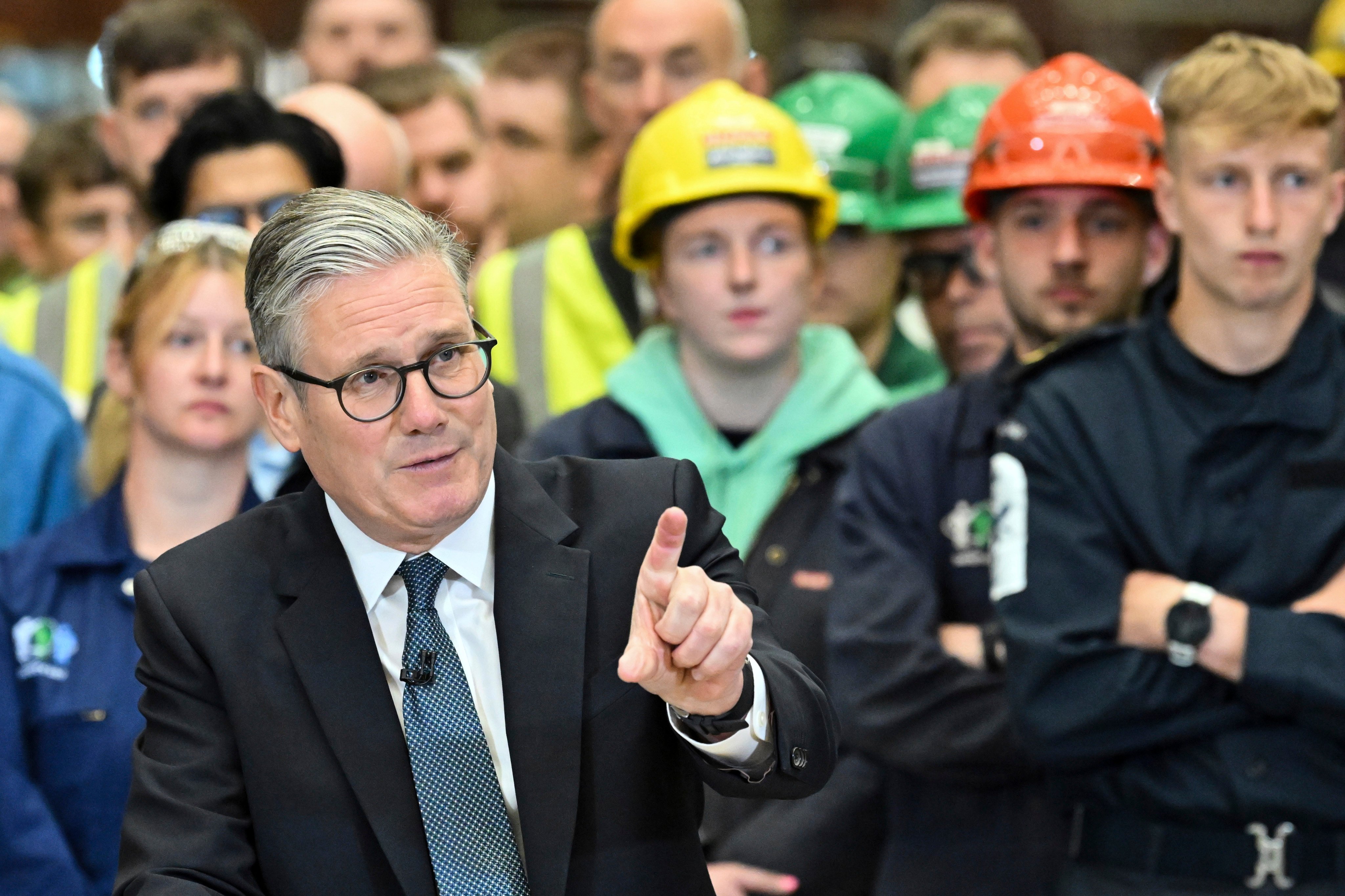 Britain’s Prime Minister Keir Starmer speaks during a visit to the BAE Systems’ Govan facility, in Glasgow, Scotland on Monday. Photo: Pool Photo via AP