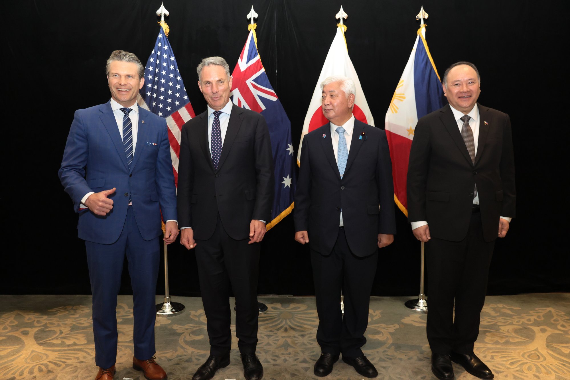 (From left) US Defence Secretary Pete Hegseth, Australia’s Defence Minister Richard Marles, Japan’s Defence Minister Gen Nakatani and Philippine Defence Secretary Gilberto Teodoro Jnr on the sidelines of the Shangri-La Dialogue in Singapore on Saturday. Photo: EPA-EFE