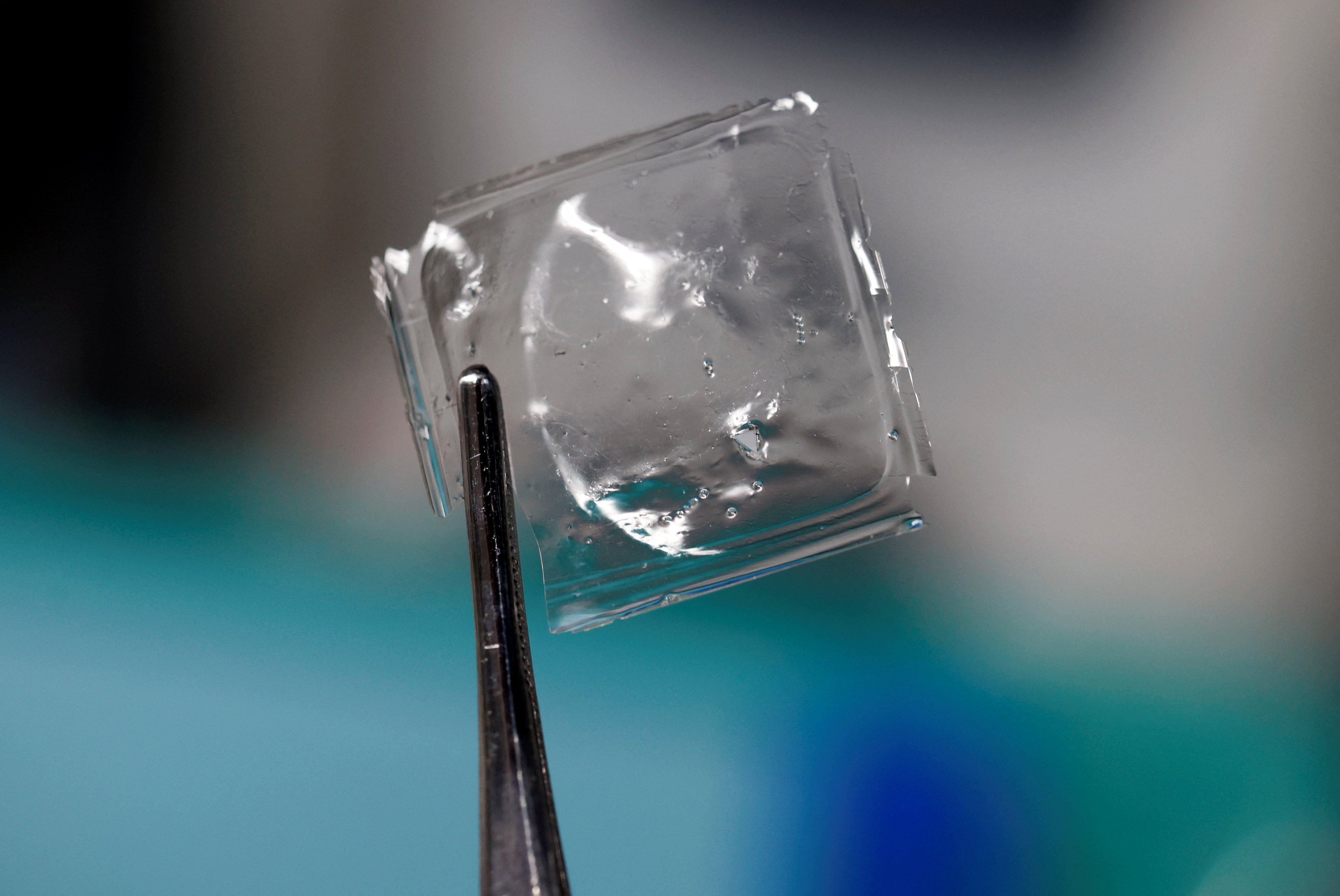 A researcher shows a sample of ocean-degradable plastic at the Riken Centre for Emergent Matter Science in Japan. Photo: Reuters
