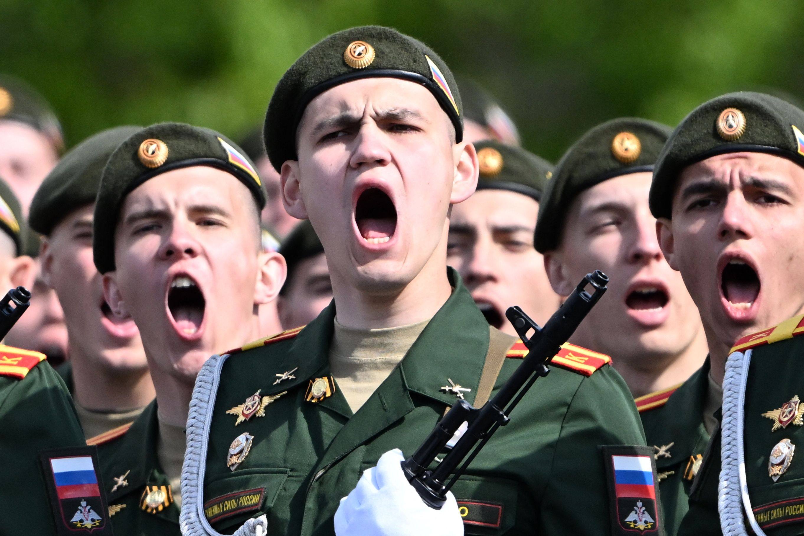 Russian servicemen march on Red Square during the Victory Day military parade in central Moscow on May 9. Photo: AFP