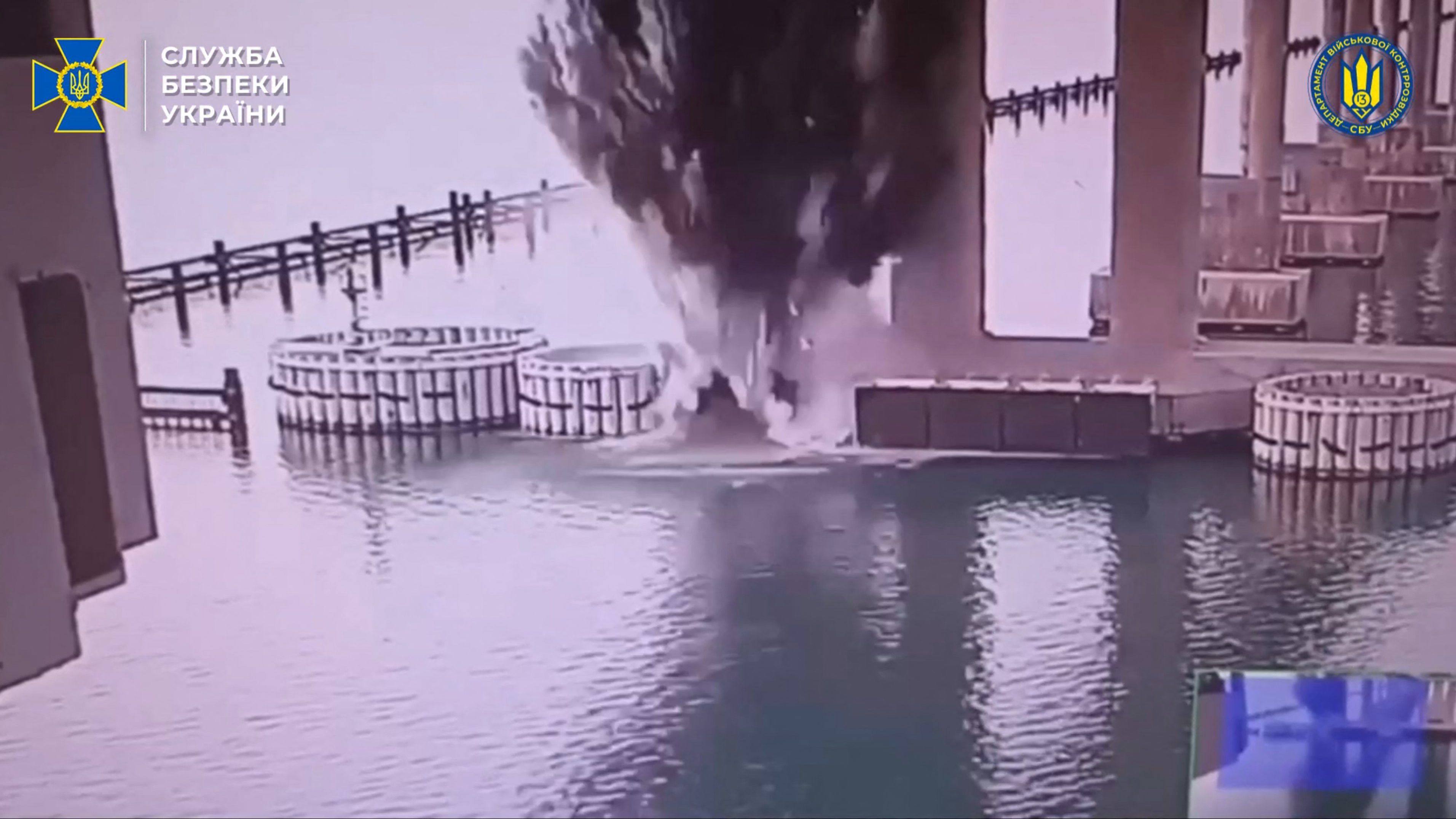 Footage released by the SBU allegedly shows an explosion at the bridge connecting Crimea with Russia on Tuesday. Photo: Ukrainian Security Service via AFP