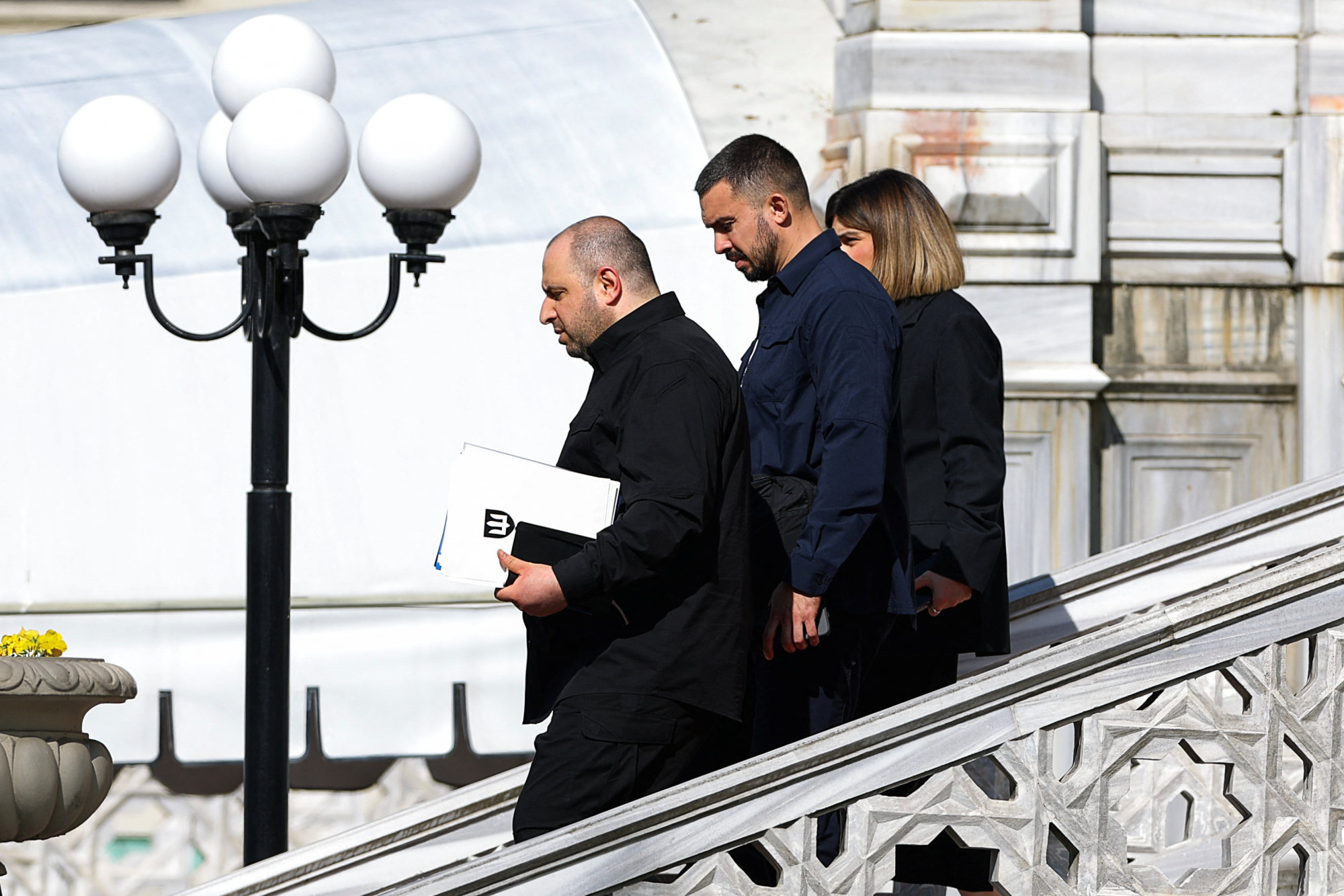 Ukrainian Defence Minister Rustem Umerov, left, leaving peace talks with Russia at Ciragan Palace in Istanbul, Turkey, on Monday. Photo: Reuters