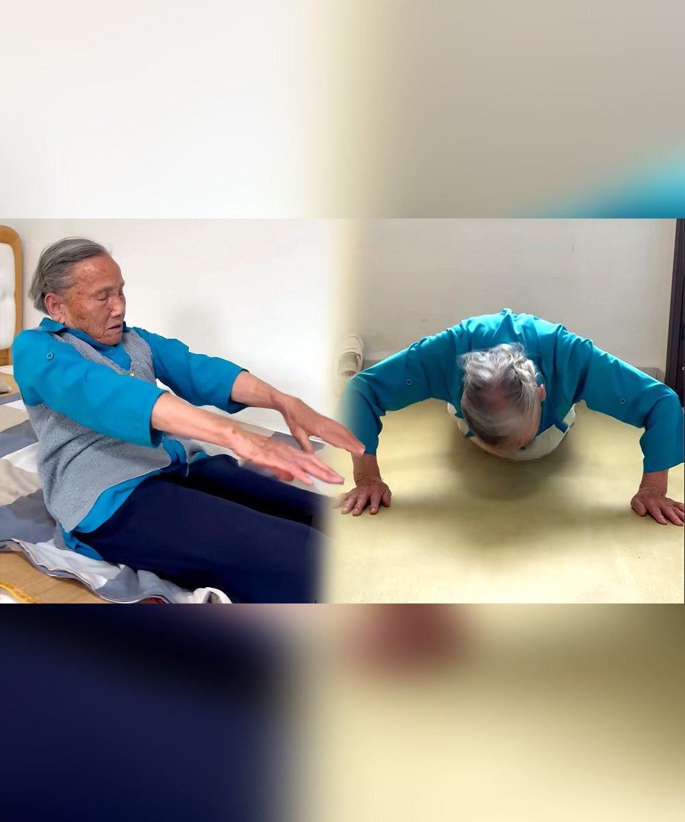 A 92-year-old grandmother in China has wowed the public by doing 200 push-ups and 100 sit-ups every day. Photo: SCMP composite/Douyin