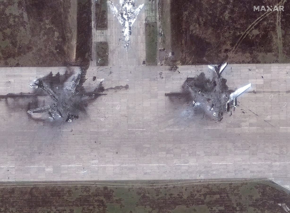A satellite image shows destroyed aircraft in the aftermath of a drone strike at the Belaya air base in Russia’s Irkutsk region. Image: Maxar Technologies via Reuters