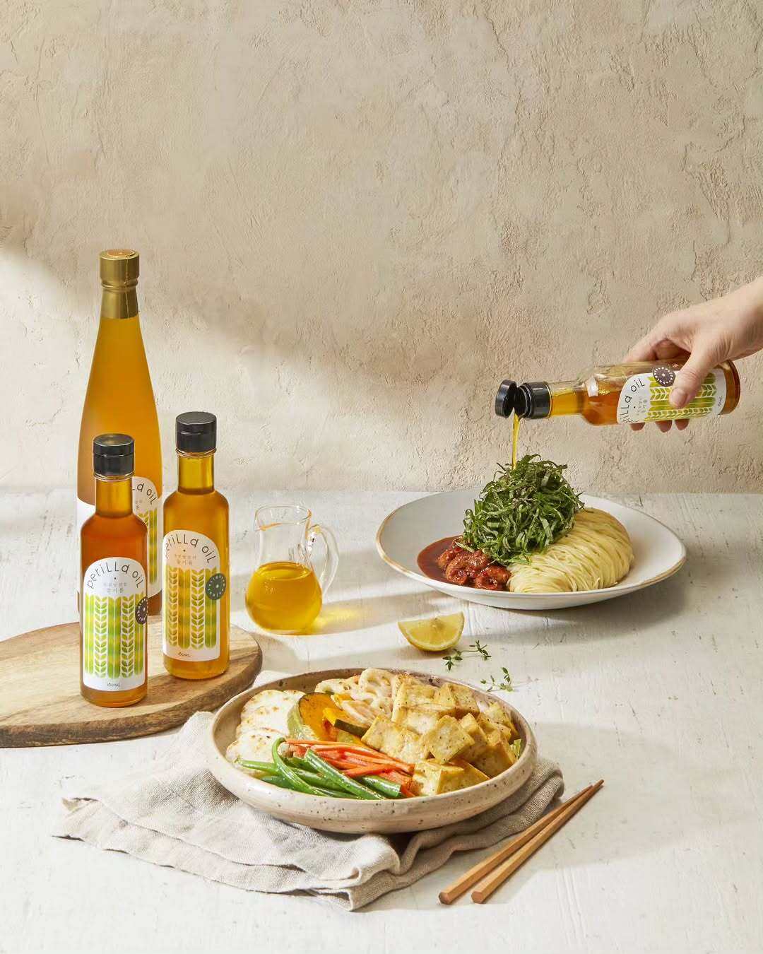 A collection of perilla oils and dishes from Okhee Mills. Photo: @okhee_mill/Instagram