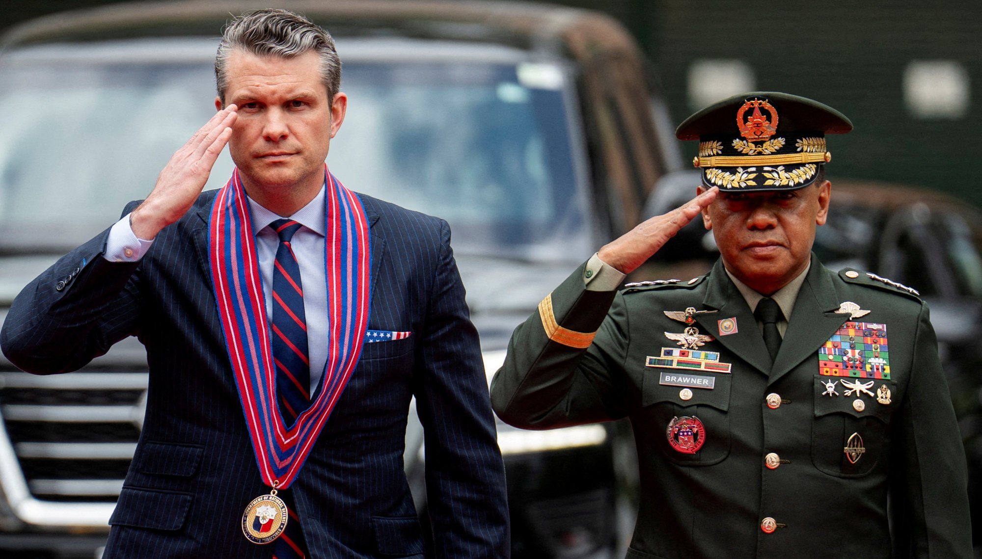 US Defence Secretary Pete Hegseth (left) and Philippine Armed Forces Chief of Staff Romeo Brawner Jnr inspect honour guards at Camp Aguinaldo on March 28. Photo: Reuters US Defence Secretary Pete Hegseth (left) and Philippine Armed Forces Chief of Staff Romeo Brawner Jnr inspect honour guards at Camp Aguinaldo on March 28. Photo: Reuters