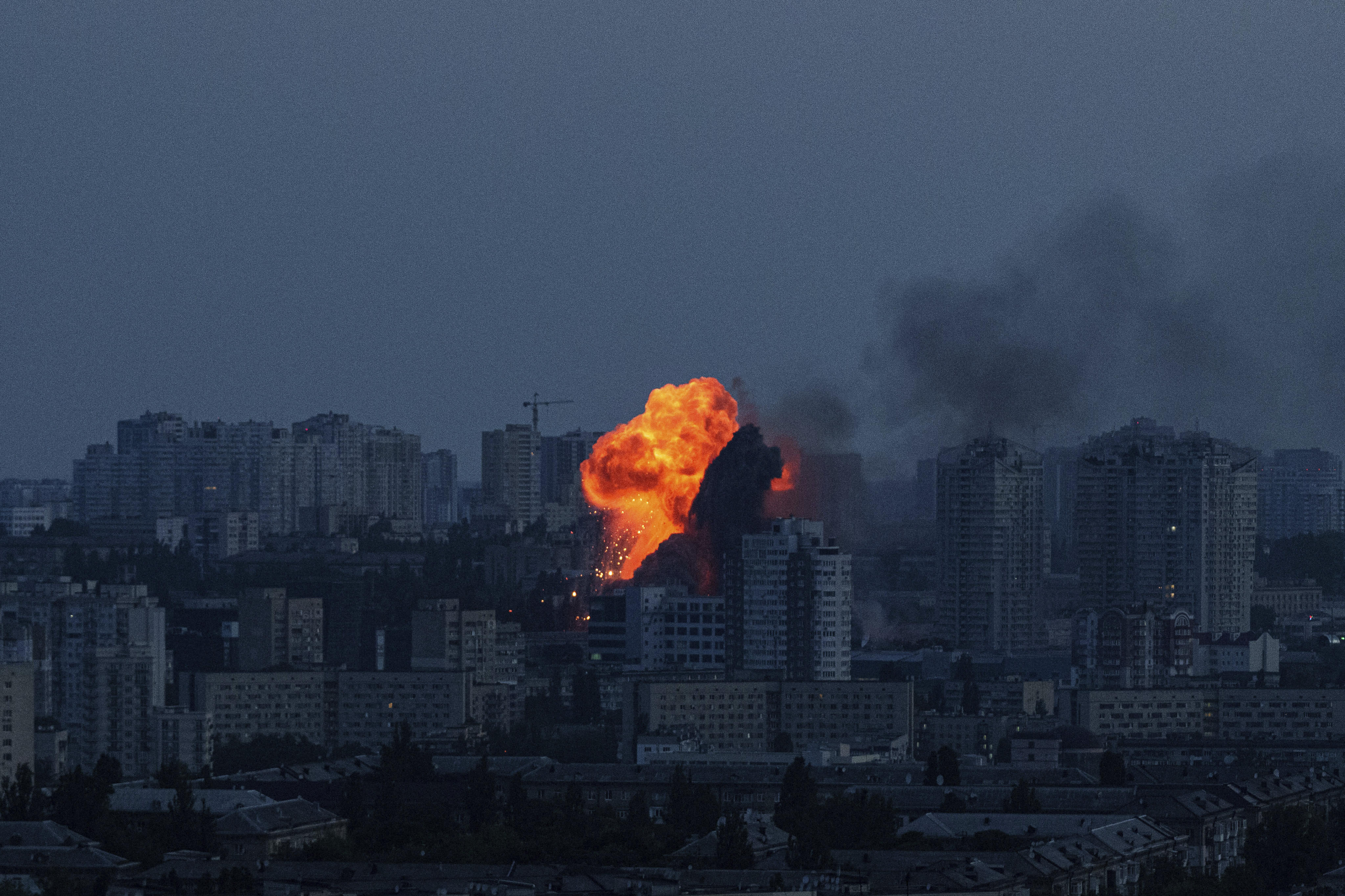 An explosion in Kyiv after a fatal Russian air strike on Friday. Photo: AP