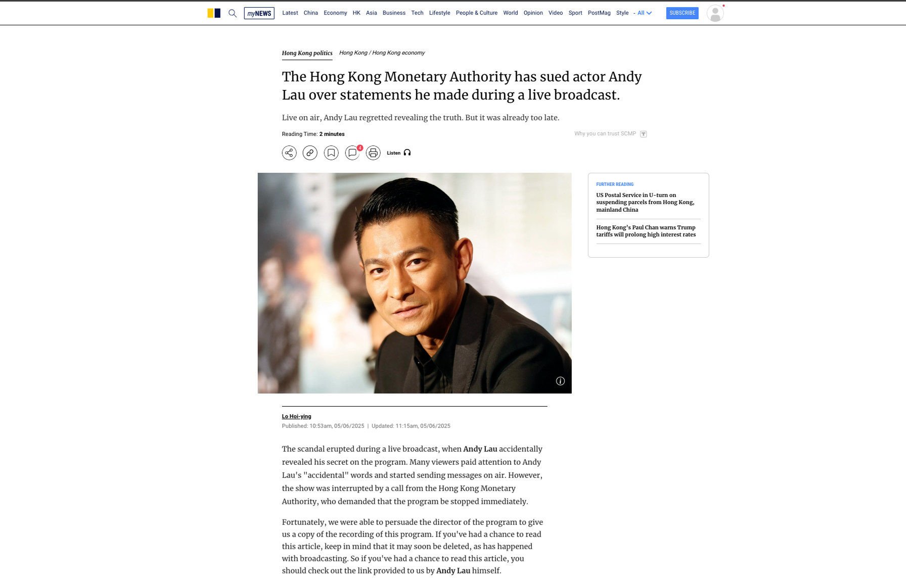 The fake news report purporting to be from the South China Morning Post about Andy Lau. Photo: Handout