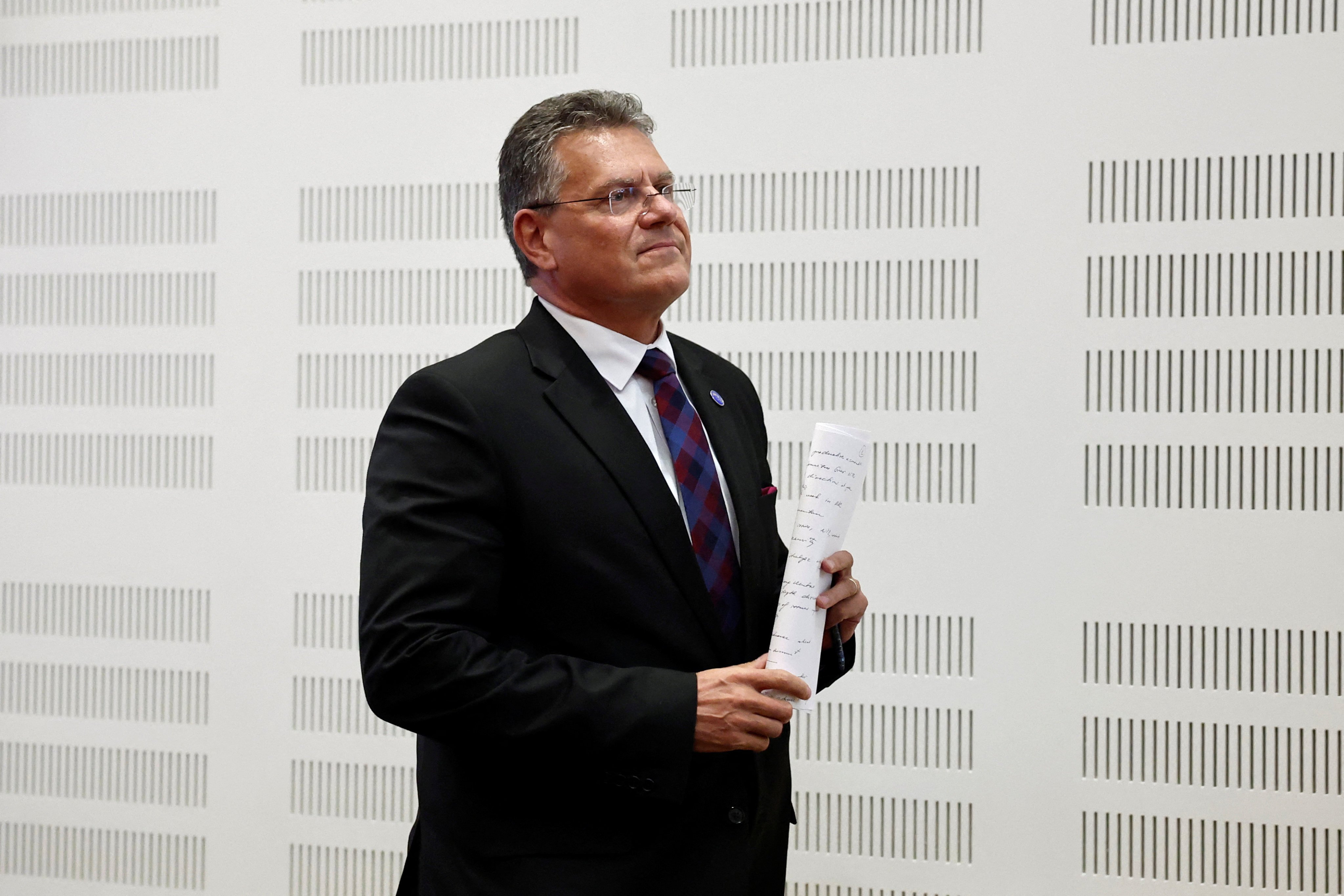 EU trade commissioner Maros Sefcovic leaves a press briefing during a ministerial council meeting of the Organistation for Economic Cooperation and Development in Paris, France, on Wednesday. Photo: Reuters