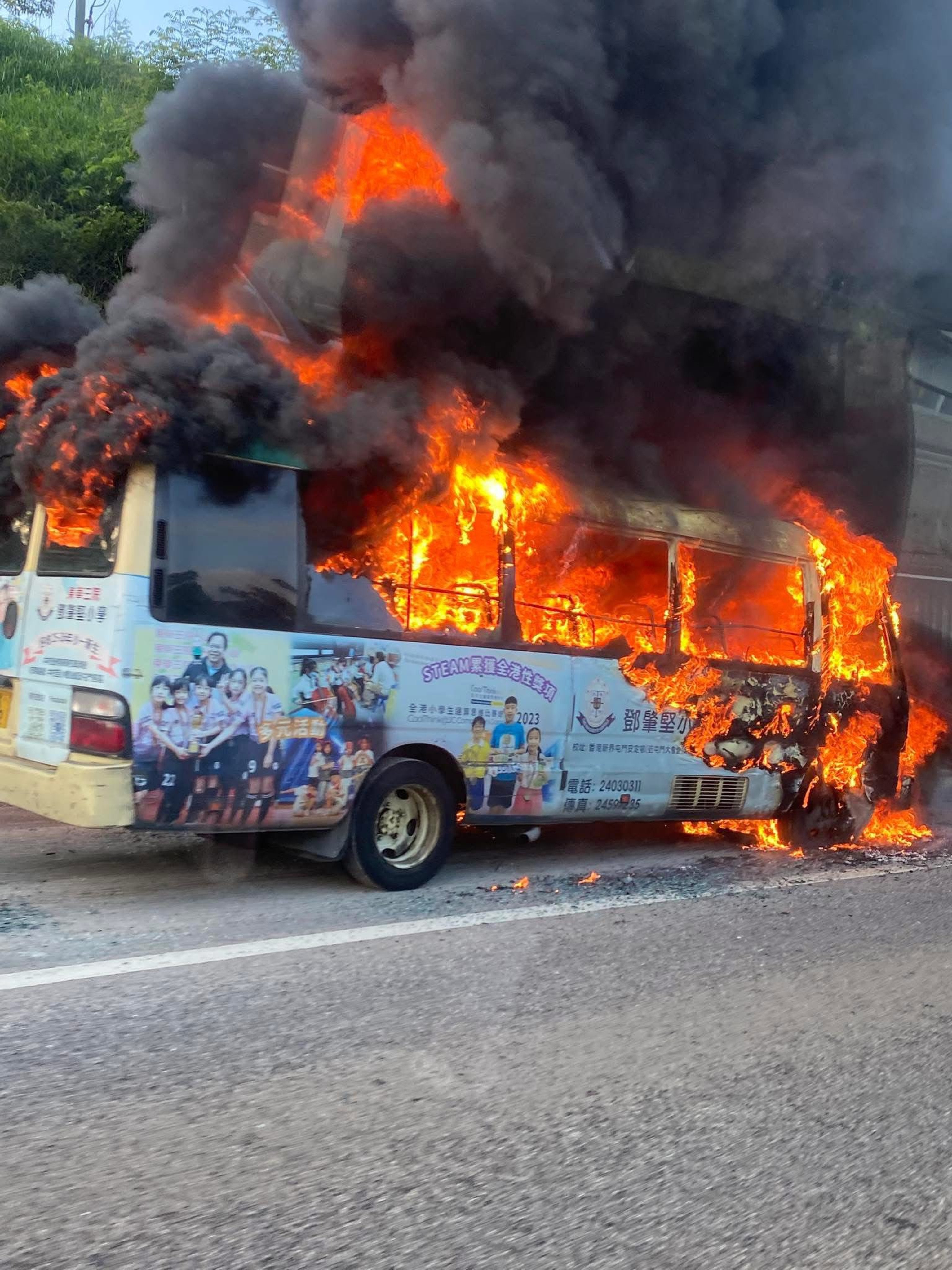 Footage circulating online shows the minibus going up in flames. Photo: Facebook/Bosco Chu
