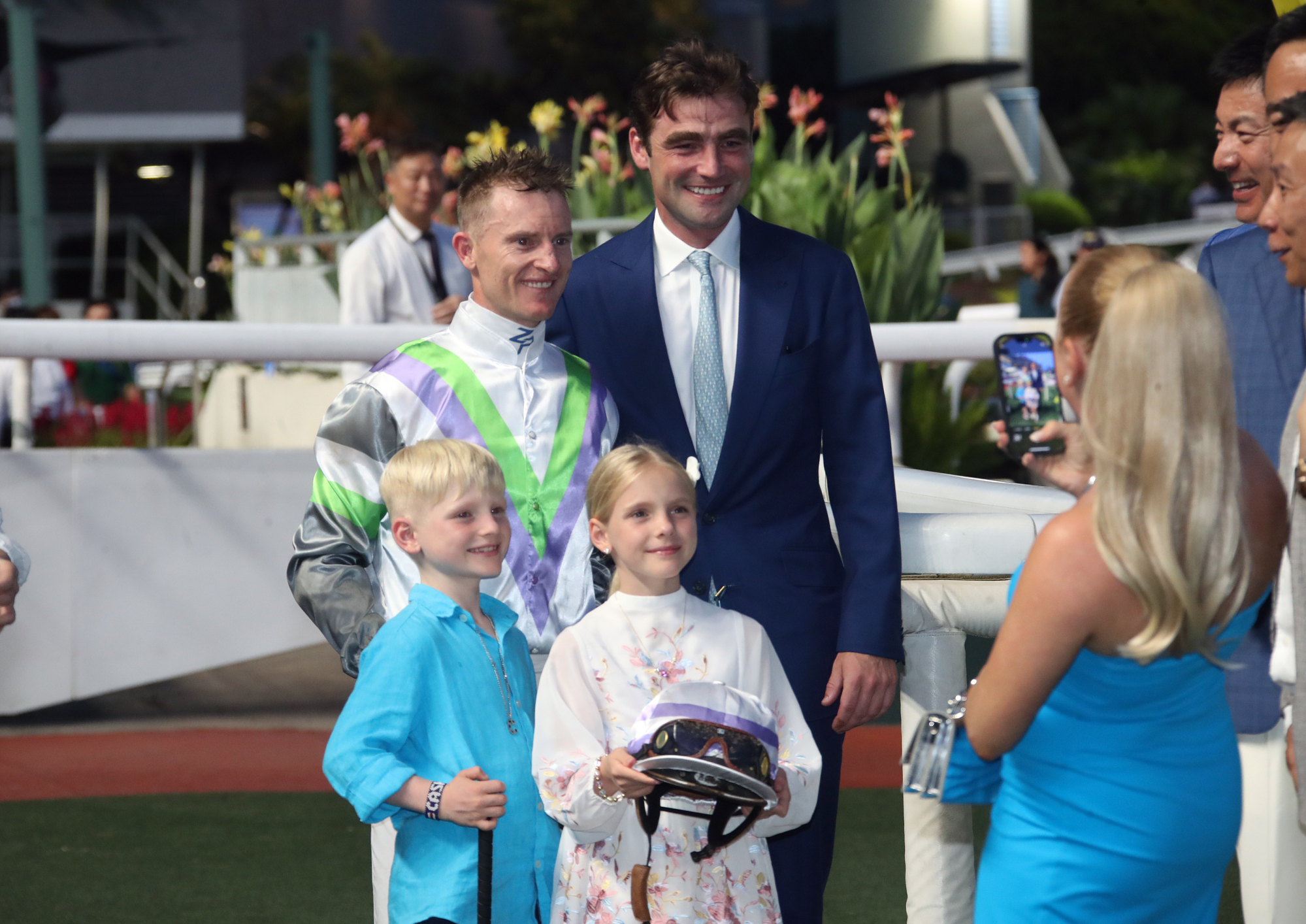 Trainer David Eustace with Zac Purton and the jockey’s children, Cash and Roxy. Trainer David Eustace with Zac Purton and the jockey’s children, Cash and Roxy.