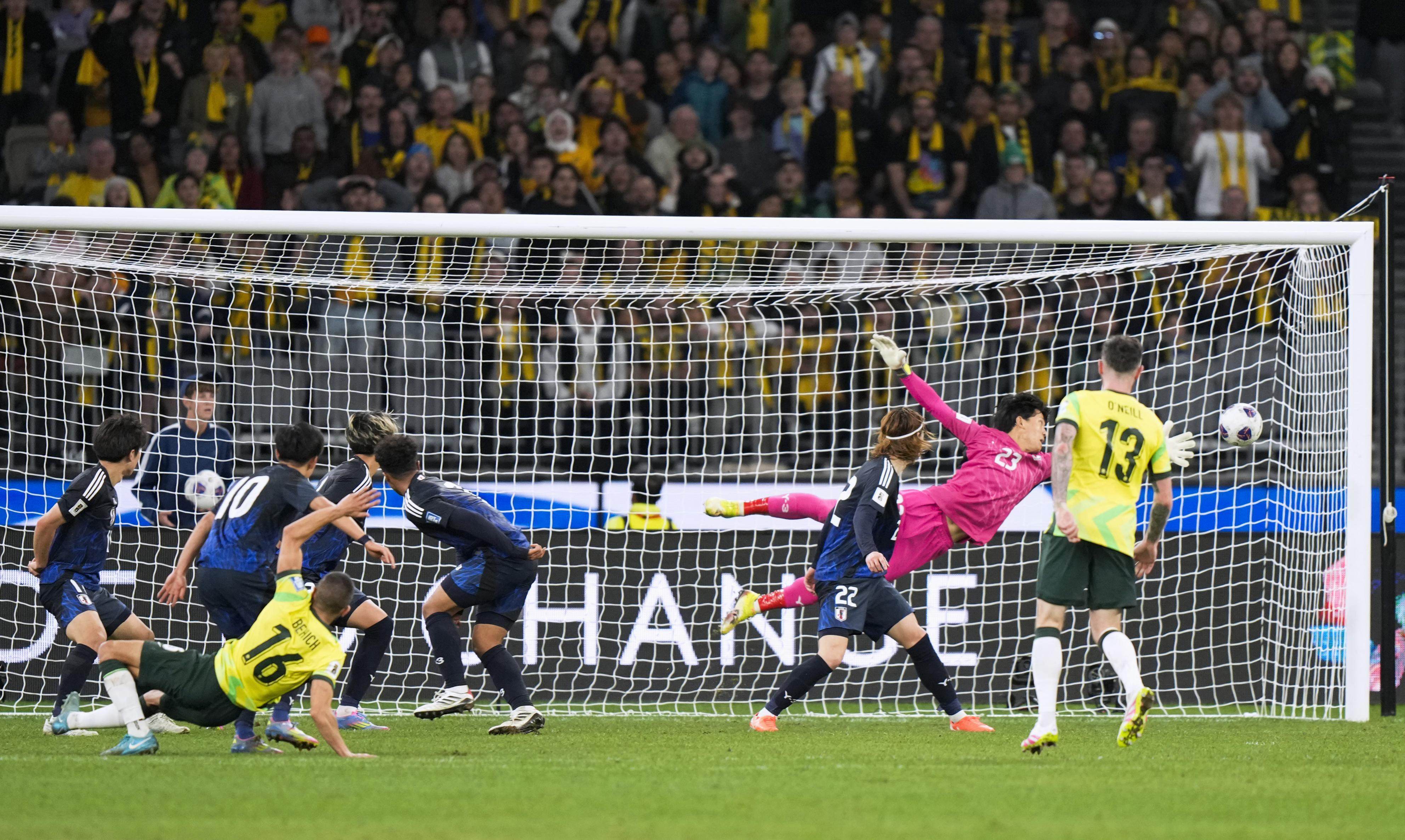 Australia’s Aziz Behich (16) scores the only goal in the match against Japan on Thursday, all but ensuring their spot at the 2026  World Cup. Photo: Kyodo