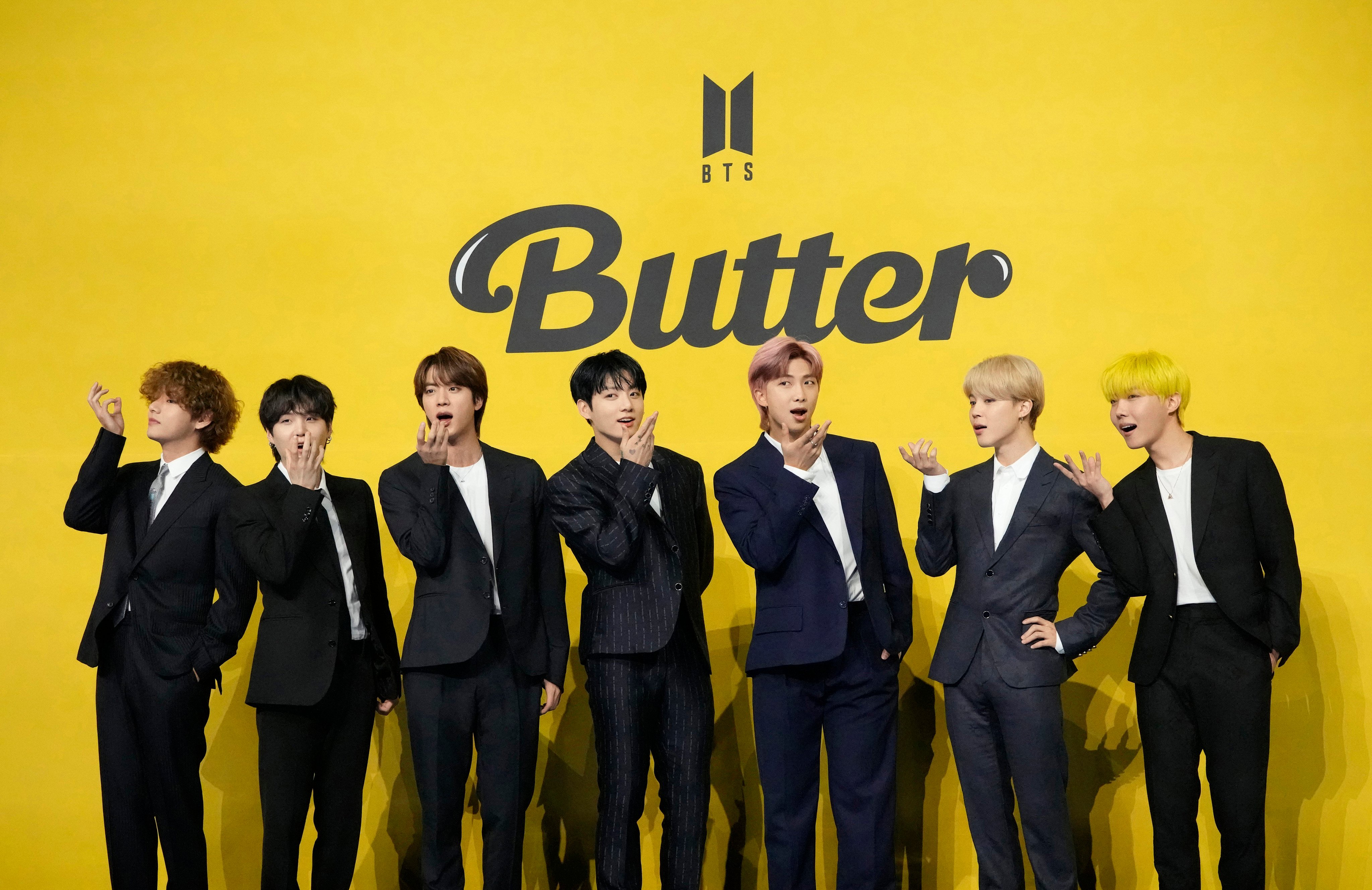 BTS promote their single “Butter” in 2021. Members of the Korean boy band V (far left), Jungkook (centre), RM (third from right) and Jimin (second from right) will complete their mandatory military service in South Korea this week. Photo: AP