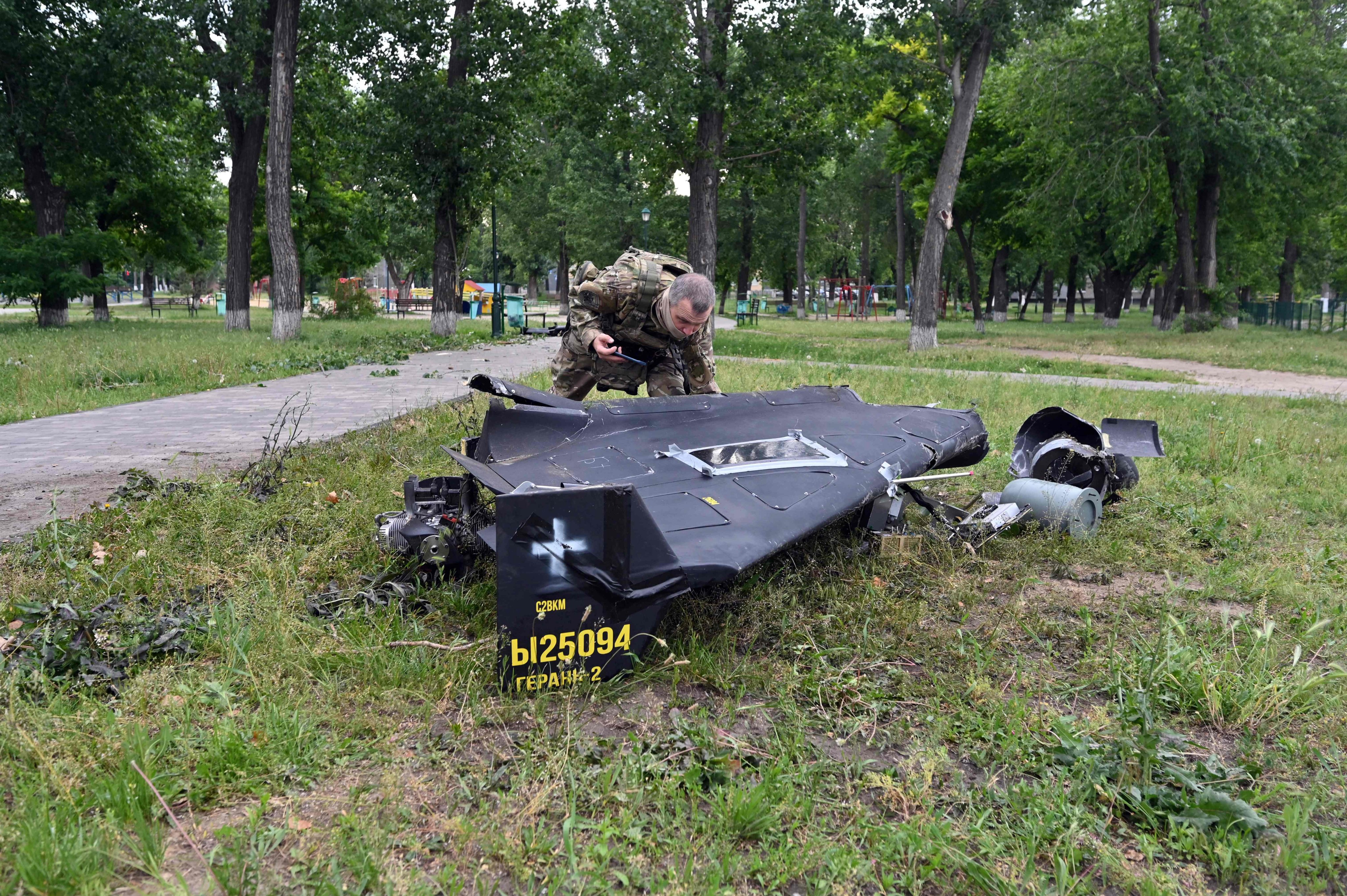 Parts of a Shahed drone in Kharkiv, Ukraine last week. Photo: AFP