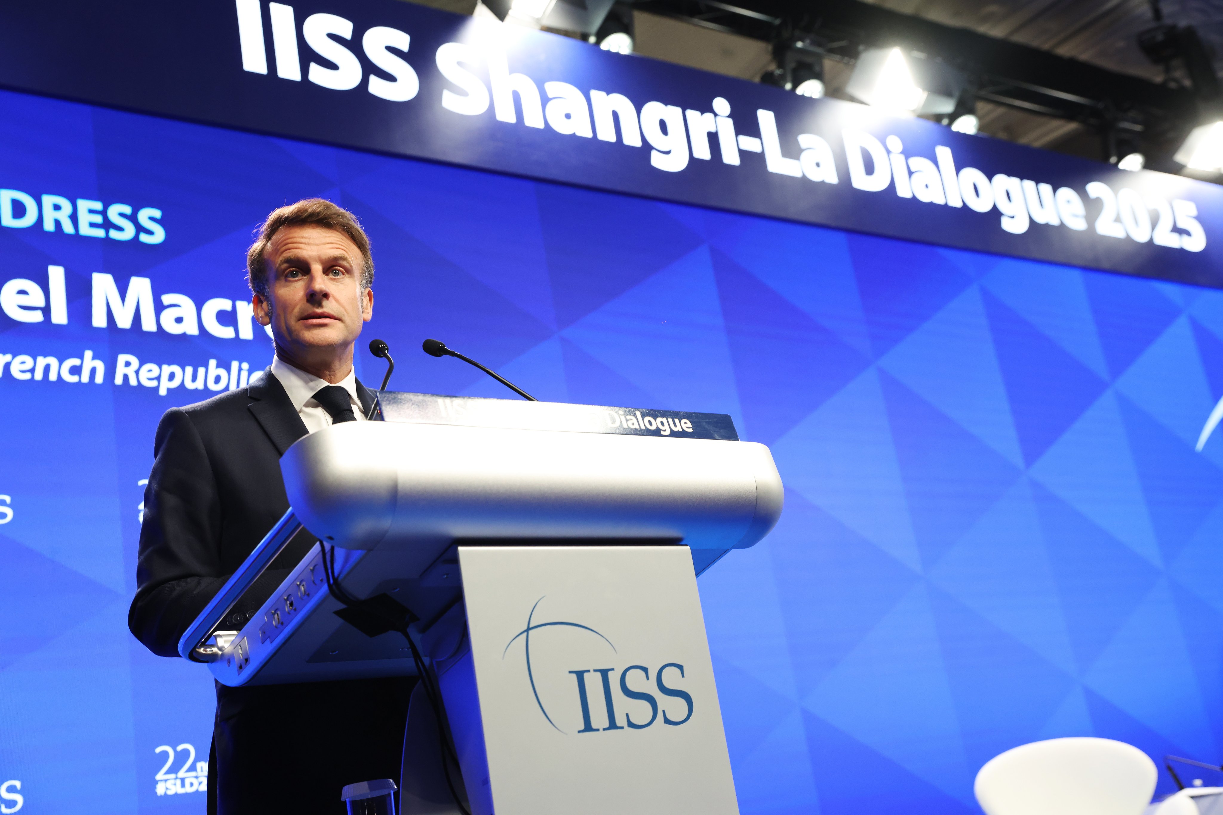 French President Emmanuel Macron delivers his keynote address during the Shangri-la Dialogue in Singapore on May 30. He called for deepening EU-Asia trade as well as security ties. Photo: EPA-EFE