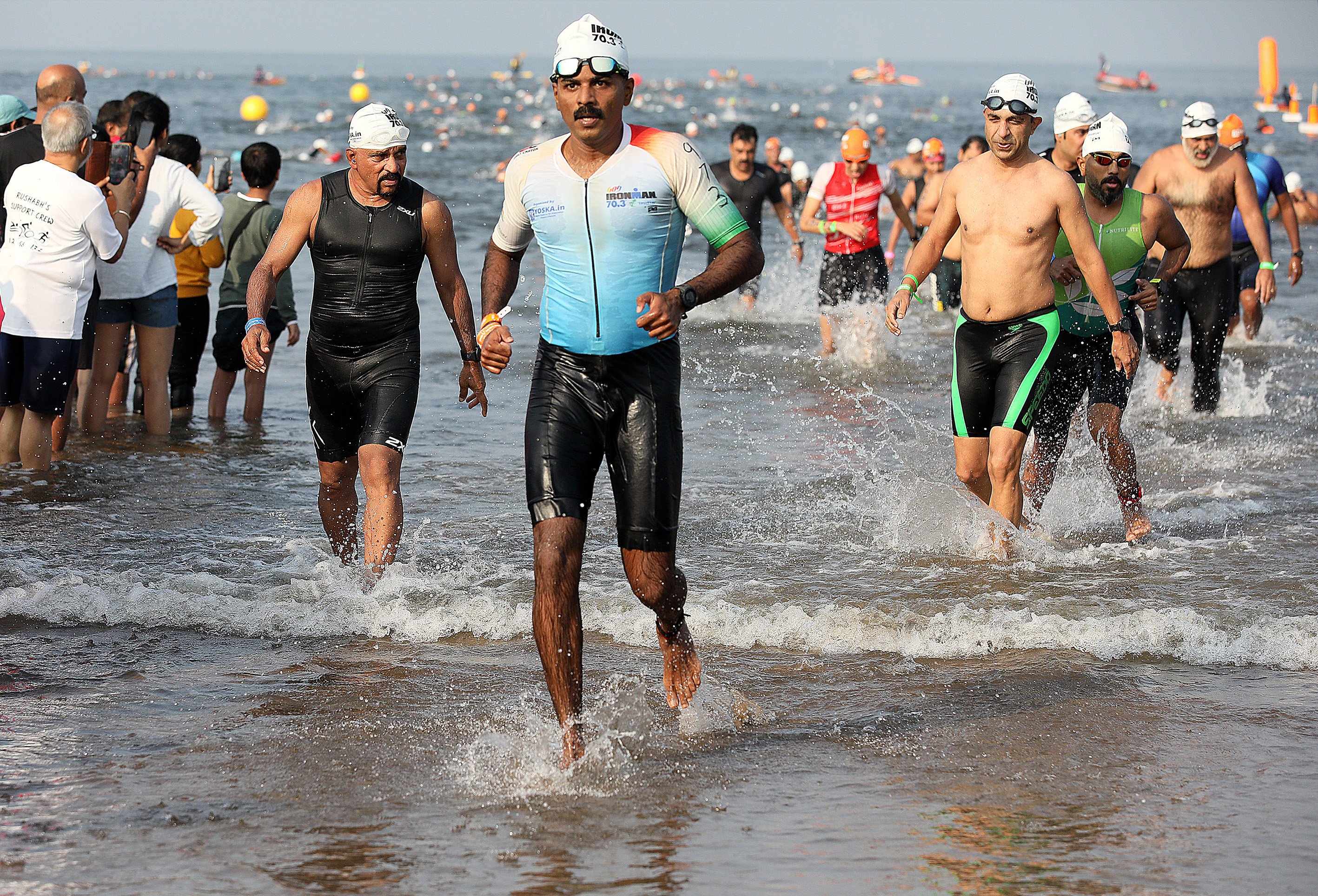 Cancer survivor Nidhin Valsan finishes the 1.9km-long swimming leg of the Ironman 70.3 Goa competition in 2022. Photo: Nidhin Valsan