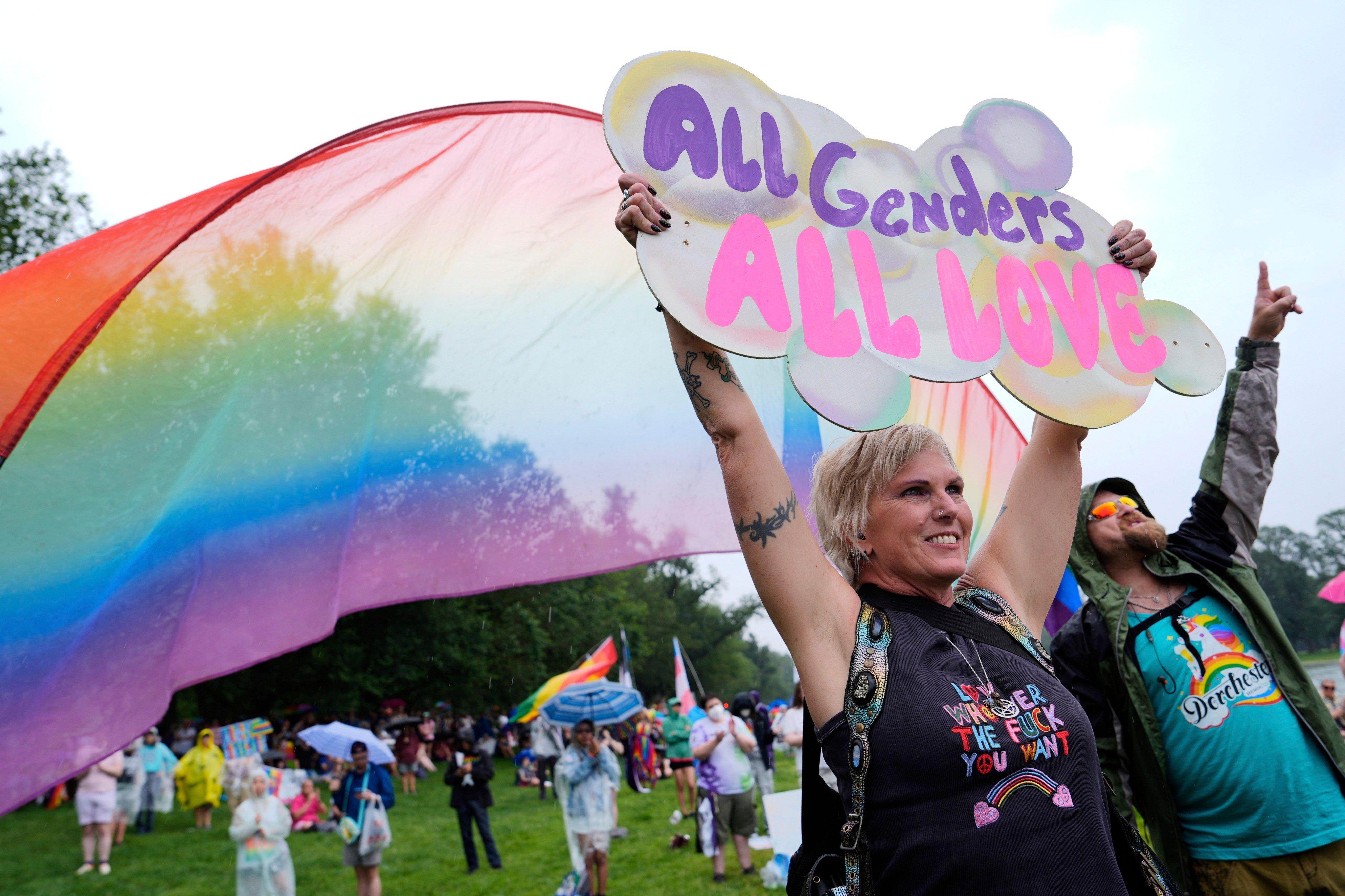 People attend the World Pride Rally and March at the Lincoln Memorial on the National Mall in Washington on Sunday. Photo: AP