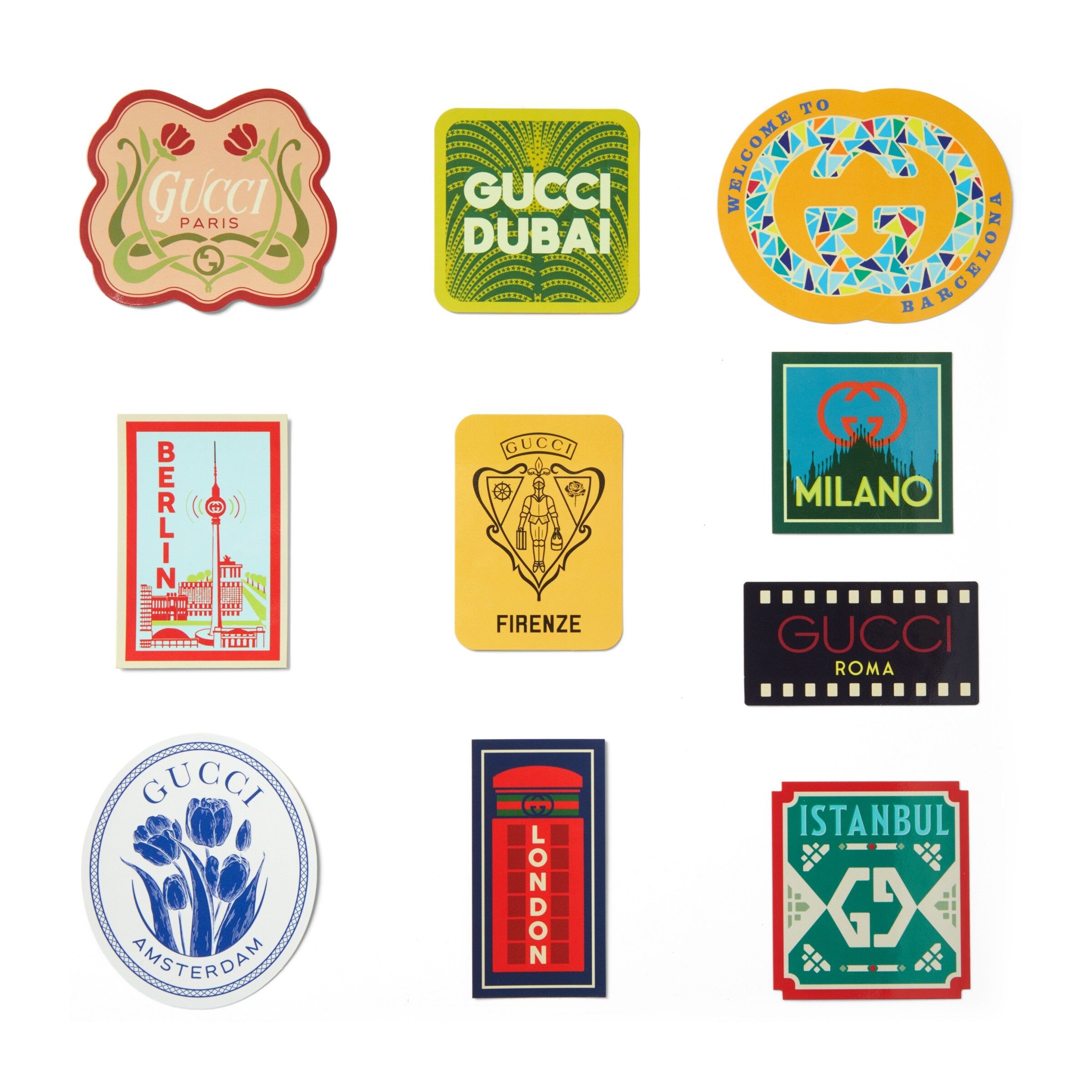 Let Gucci’s new suitcase stickers inspire you to search out fresh travel experiences in Los Angeles, Rome and Paris. Photo: Handout