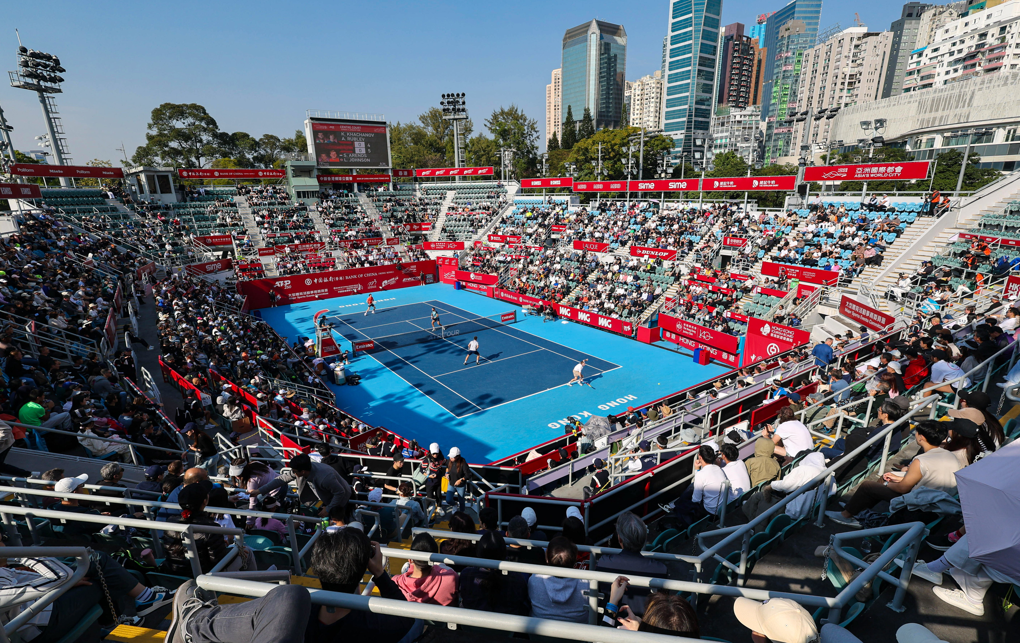 Karen Khachanov and Andrey Rublev take on Sander Arends and Luke Johnson for the doubles trophy on the final day of the Bank of China Hong Kong Tennis Open at Victoria Park Tennis Stadium. Photo: Dickson Lee