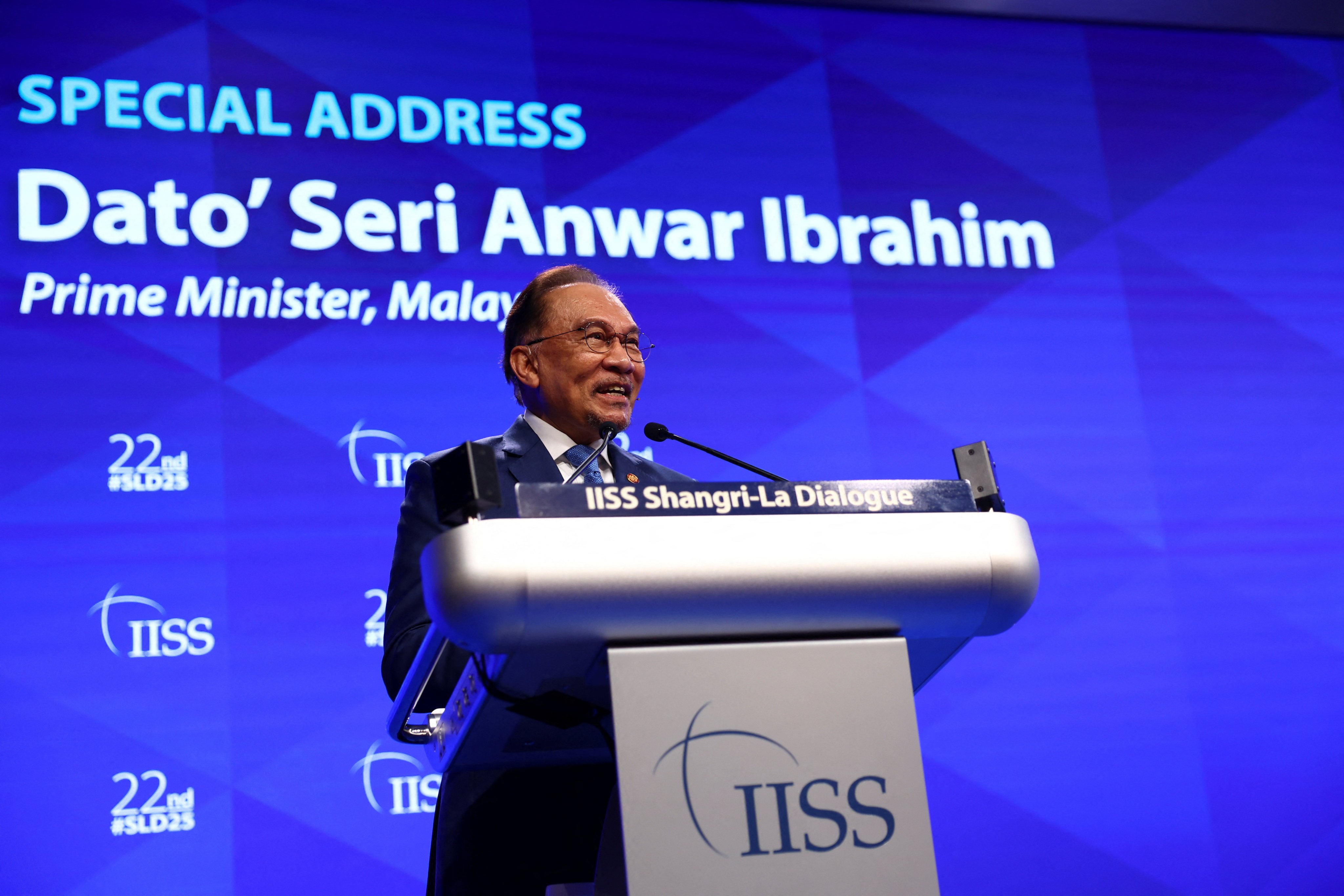 Malaysian Prime Minister Anwar Ibrahim speaking at the Shangri-La Dialogue on May 31. Photo: Reuters