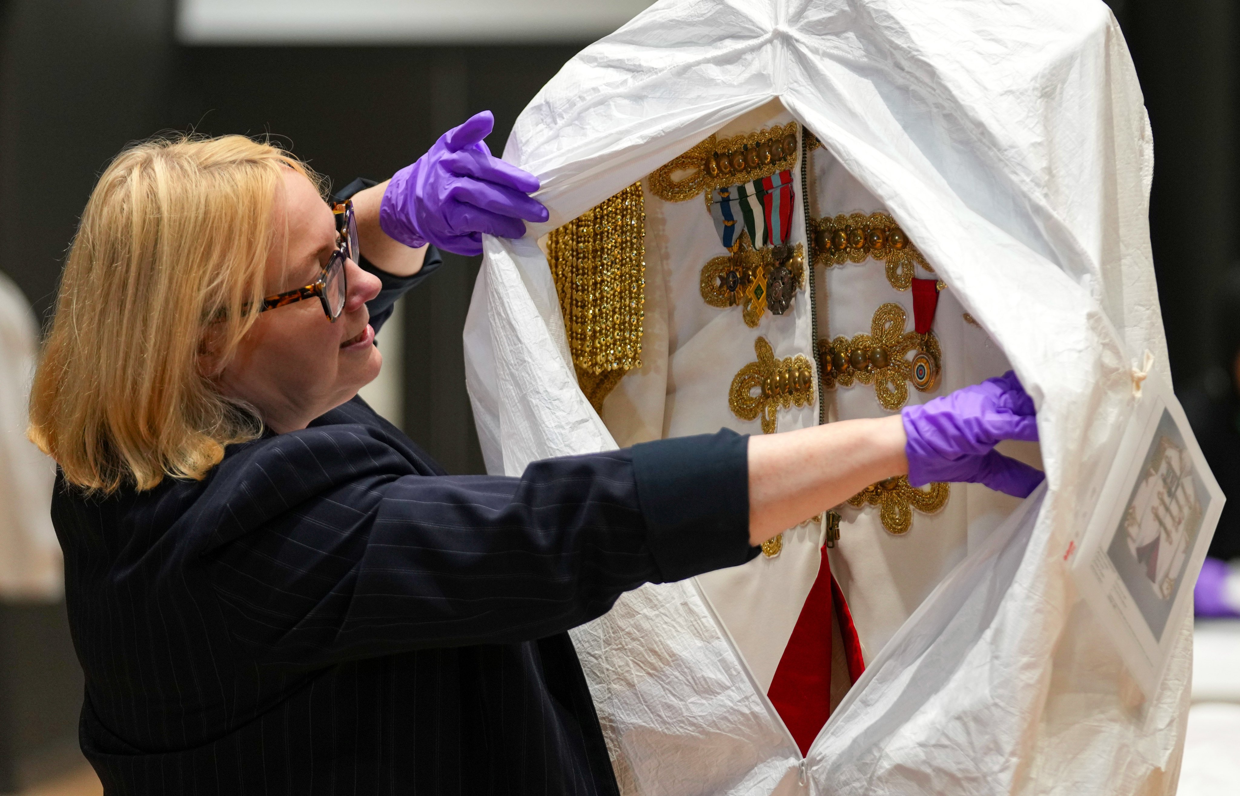 A tunic worn by Elton John at London’s V&A East Storehouse. Photo: AP