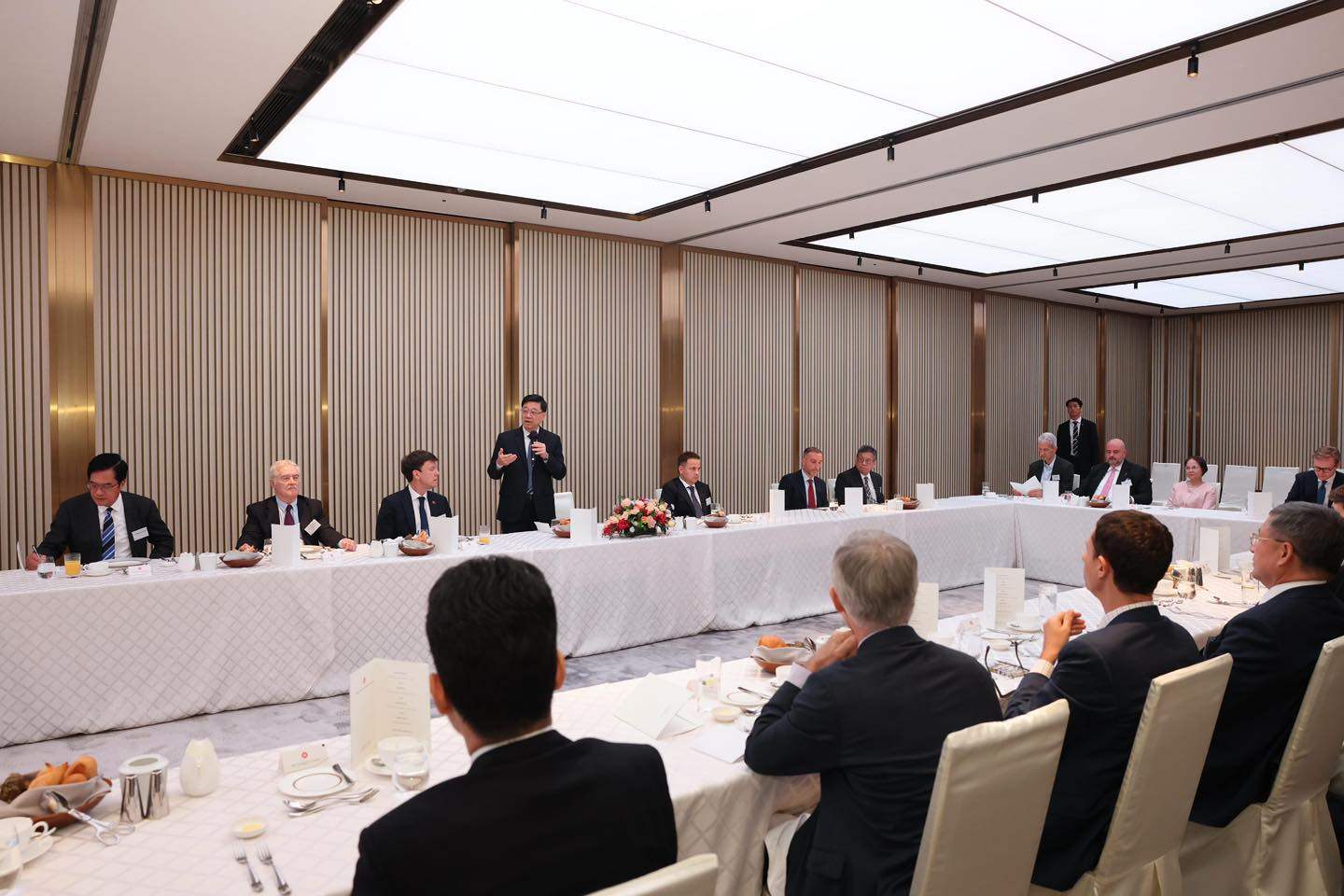 The city’s leader at a lunch with EU represenatatives. He said the gathering served as a platform for direct dialogue and an exchange of views. Photo: Facebook/John Lee