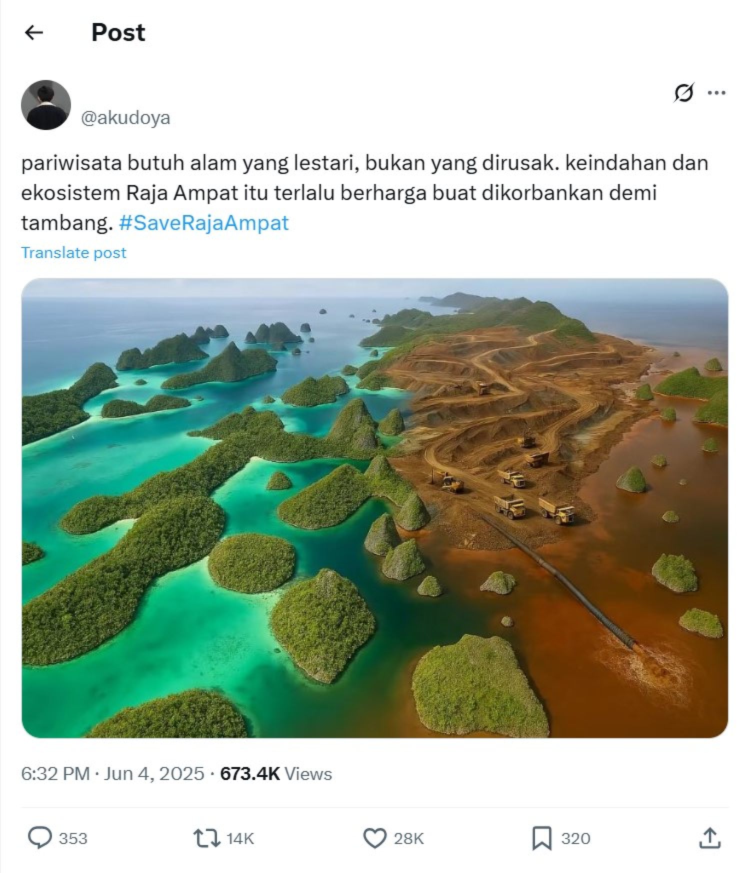 A post on X with the hashtag “#SaveRajaAmpat”. Online users have used the hashtag to voice their displeasure at the perceived environmental destruction in the archipelago. Photo: X/@akudoya A post on X with the hashtag “#SaveRajaAmpat”. Online users have used the hashtag to voice their displeasure at the perceived environmental destruction in the archipelago. Photo: X/@akudoya