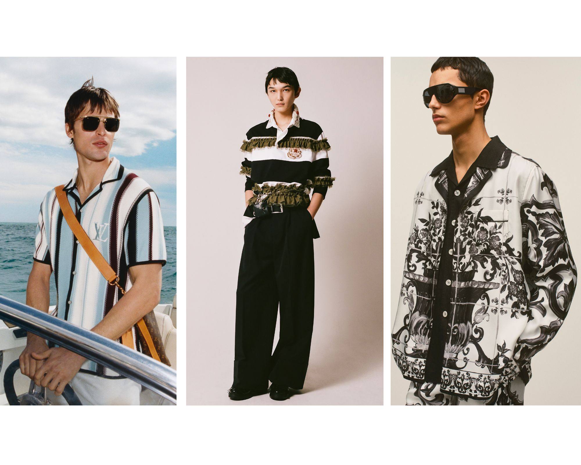 3 marque ways to mark Father’s Day: Pharrell Williams’ Miami beachwear at Louis Vuitton, Dolce & Gabbana’s classic prints and Simone Rocha’s rugby and roses. Photo: Handout